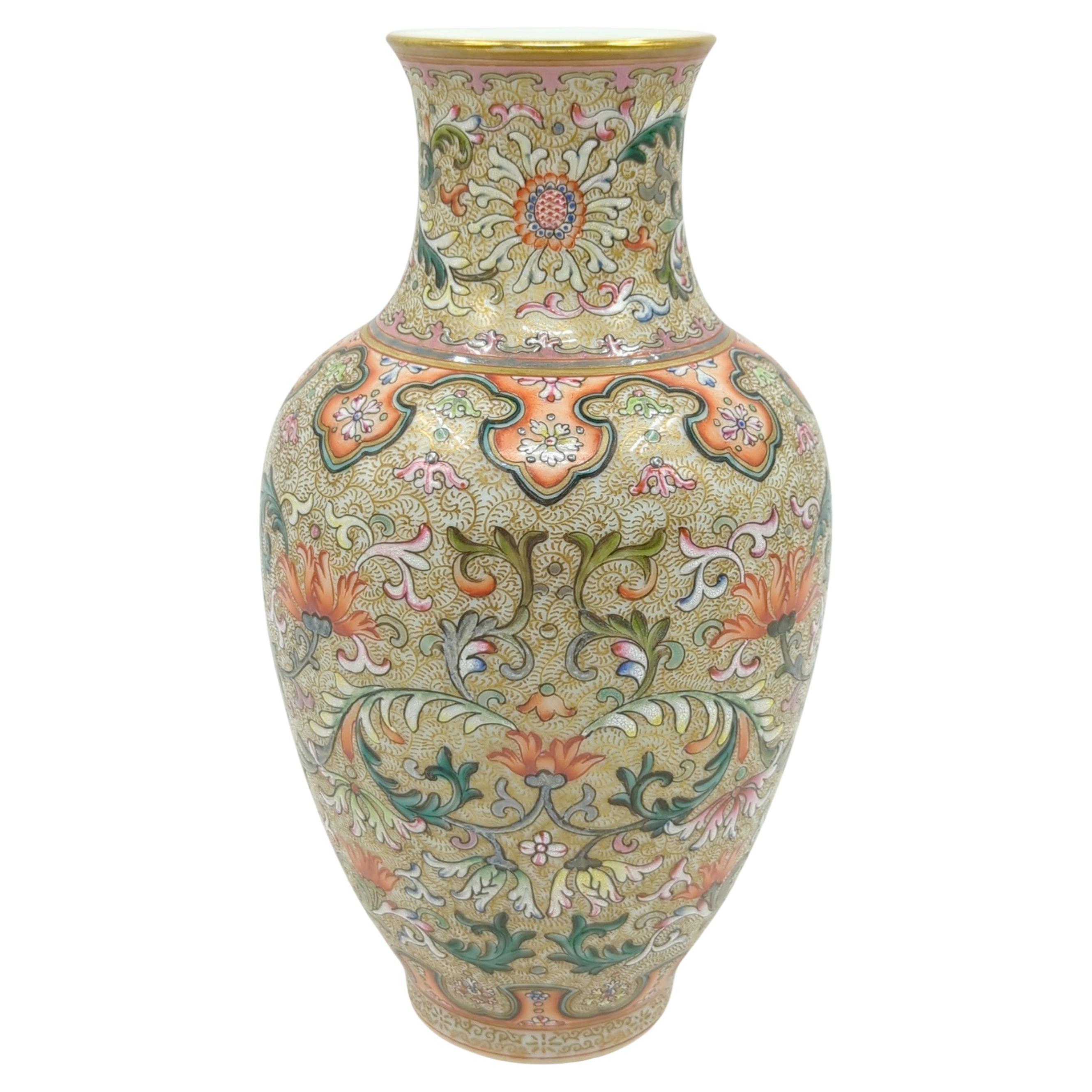 Fine Chinese Porcelain Gold Ground Baluster Vase Scrolling Foliage Blossoms 20c  For Sale