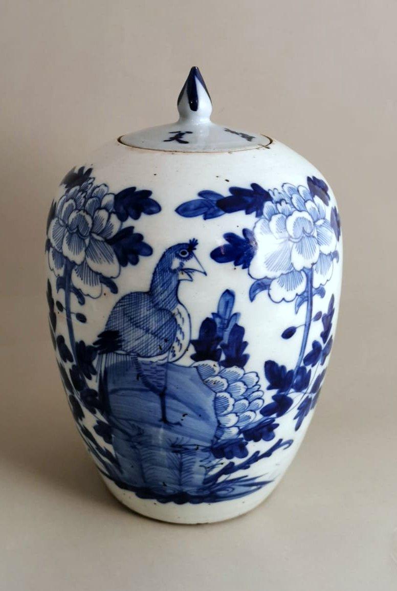 Chinesisches Ingwerglas aus Porzellan mit Deckel in Kobaltblau mit Dekorationen (Chinesischer Export)
