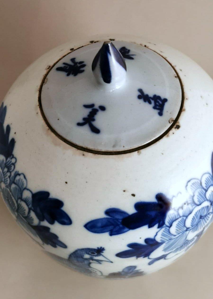 Chinesisches Ingwerglas aus Porzellan mit Deckel in Kobaltblau mit Dekorationen (19. Jahrhundert)