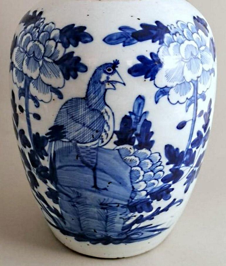 19th Century Chinese Porcelain Ginger Jar With Lid Cobalt Blue Decorations