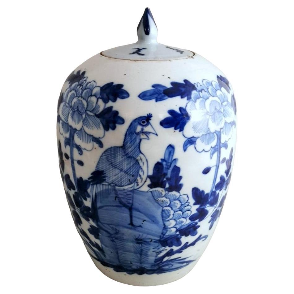 Chinese Porcelain Ginger Jar With Lid Cobalt Blue Decorations