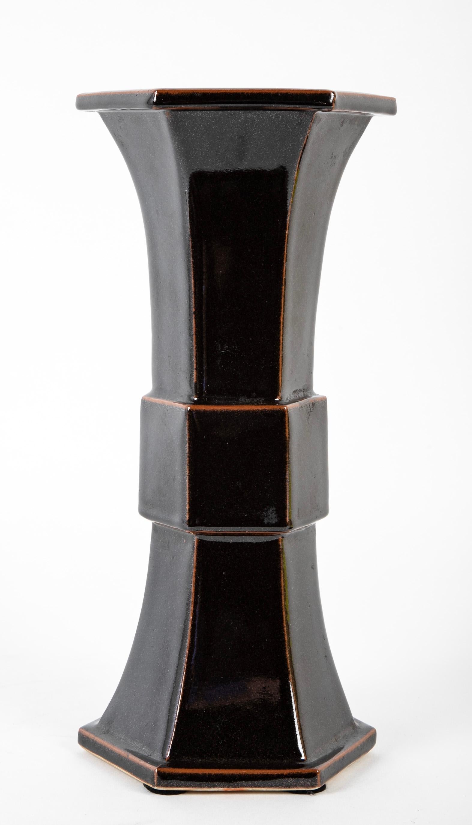 Archaistic Chinese Porcelain Gu Form Hexagonal Vase with Chocolate Glaze