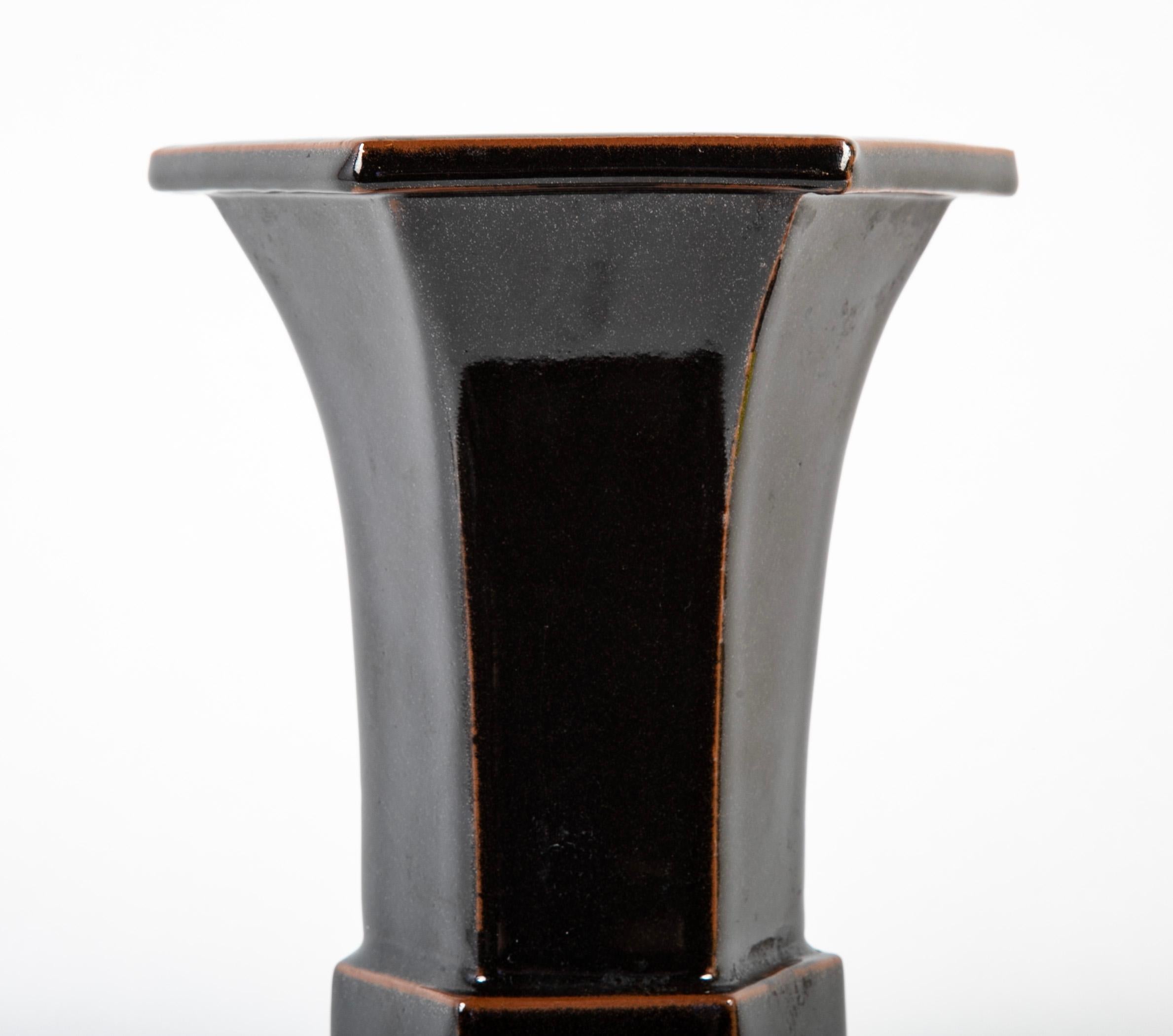 20th Century Chinese Porcelain Gu Form Hexagonal Vase with Chocolate Glaze