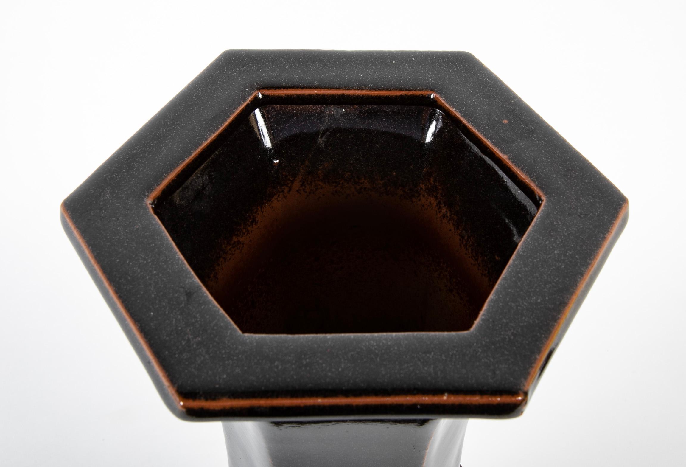 Ceramic Chinese Porcelain Gu Form Hexagonal Vase with Chocolate Glaze