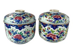 Pareja de Tarros de Porcelana China Famille Rose Pintados a Mano Qianlong