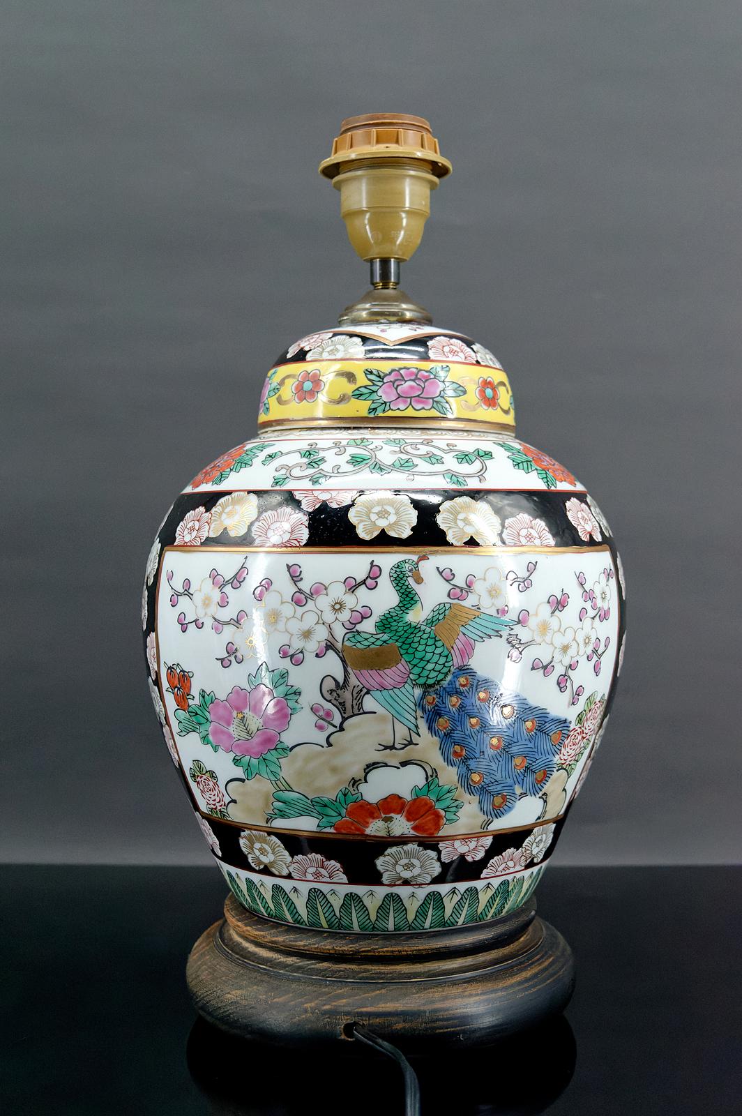 Painted Chinese porcelain lamp decorated with flowers and peacocks, China, Early 20th For Sale