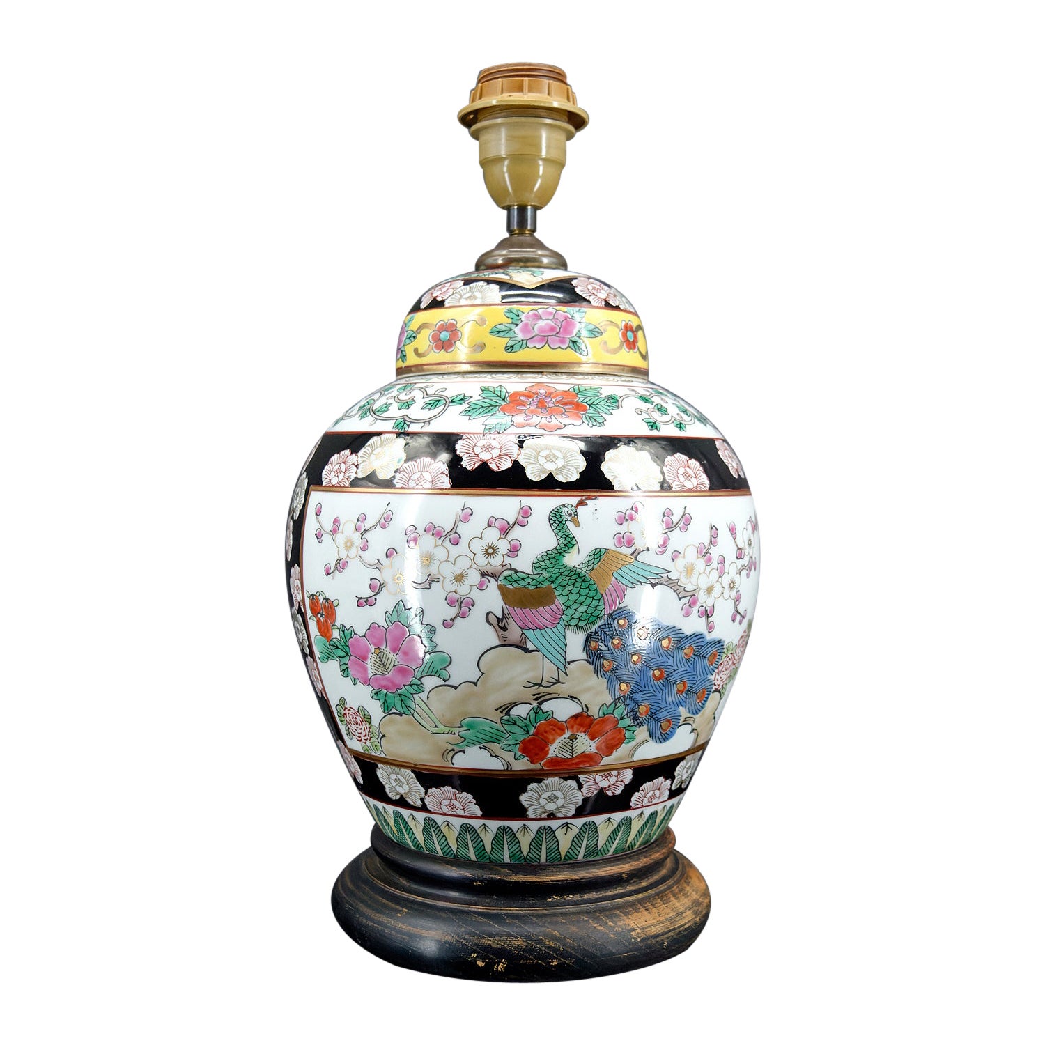 Lampada cinese in porcellana decorata con fiori e pavoni, Cina, inizio XX secolo