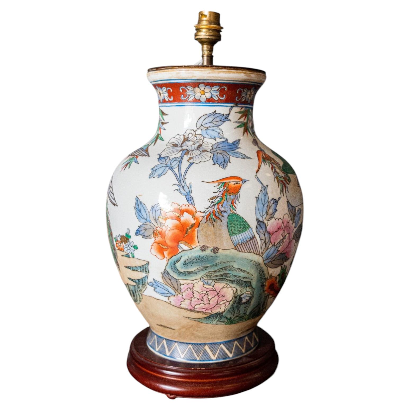 Chinese Porcelain Lamp with Bird Decoration, 20th Century, Marked