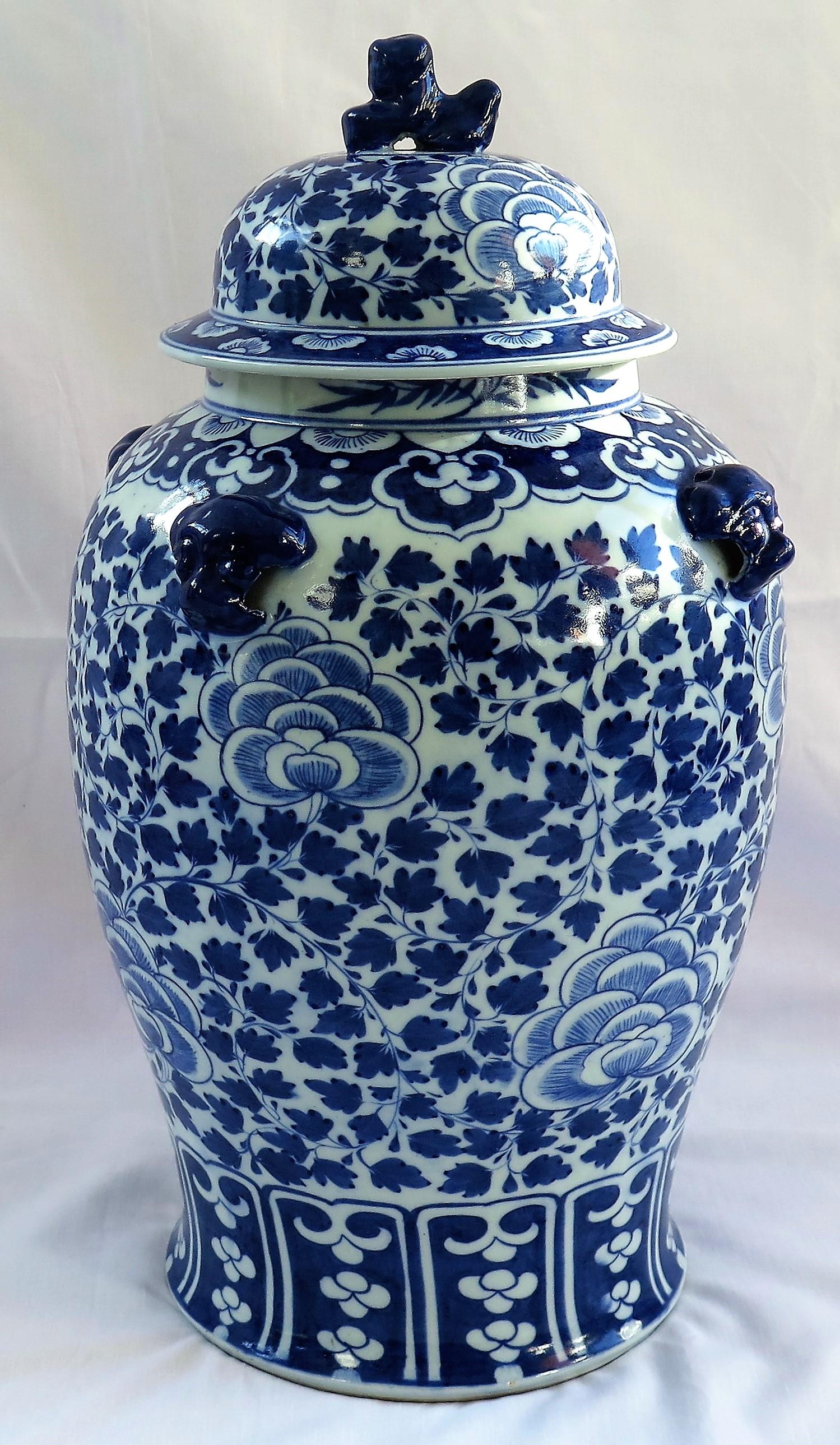 This is a beautiful large Chinese, blue and white porcelain lidded vase or Jar which we date to the late 19th century, Qing period.

The shade of blue on this vase is beautiful and very distinctive. 

The vase has a good baluster shape with four foo