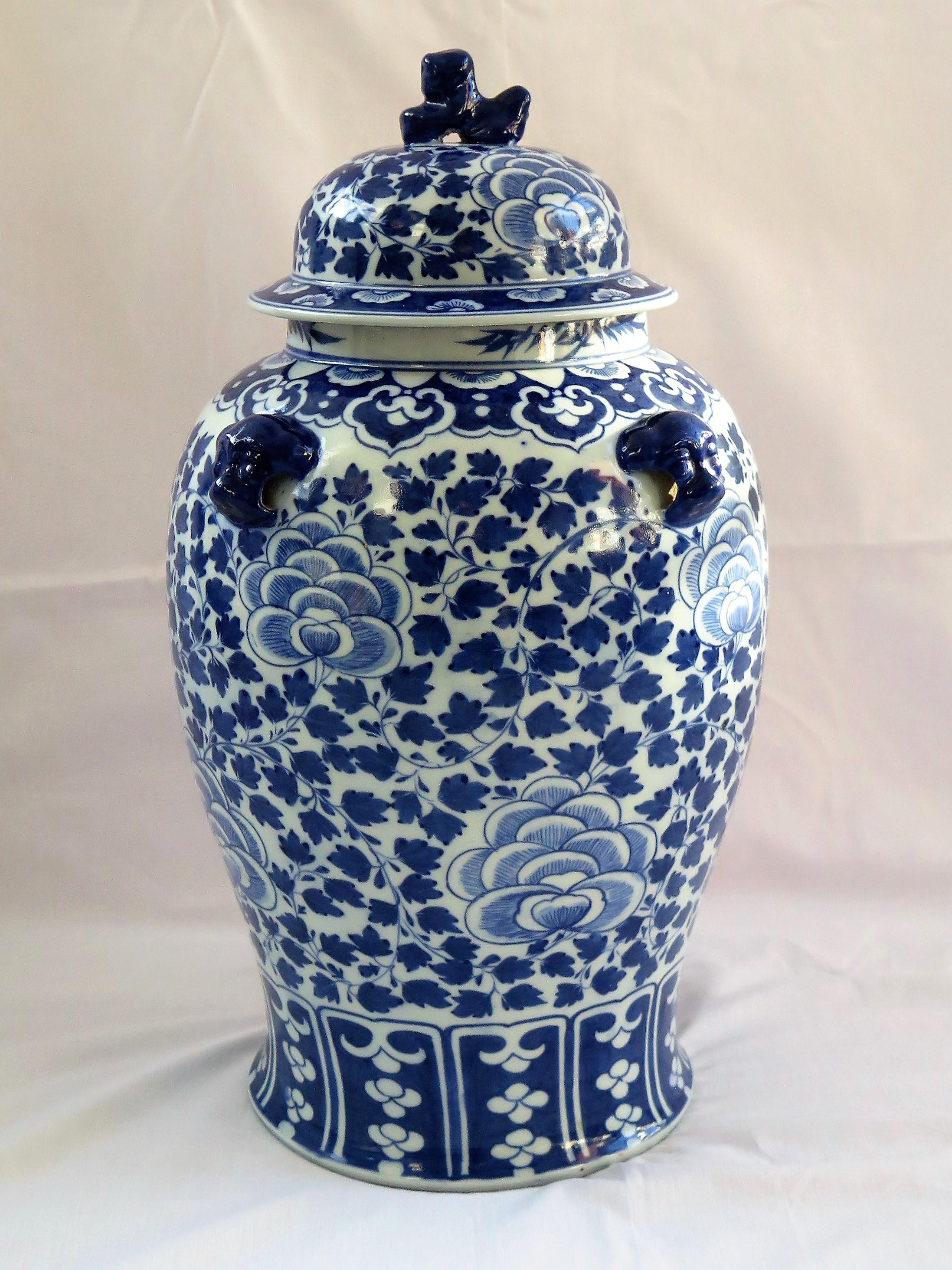 Hand-Painted Chinese Porcelain Large Lidded Vase or Jar Blue and White , 19th Century Qing