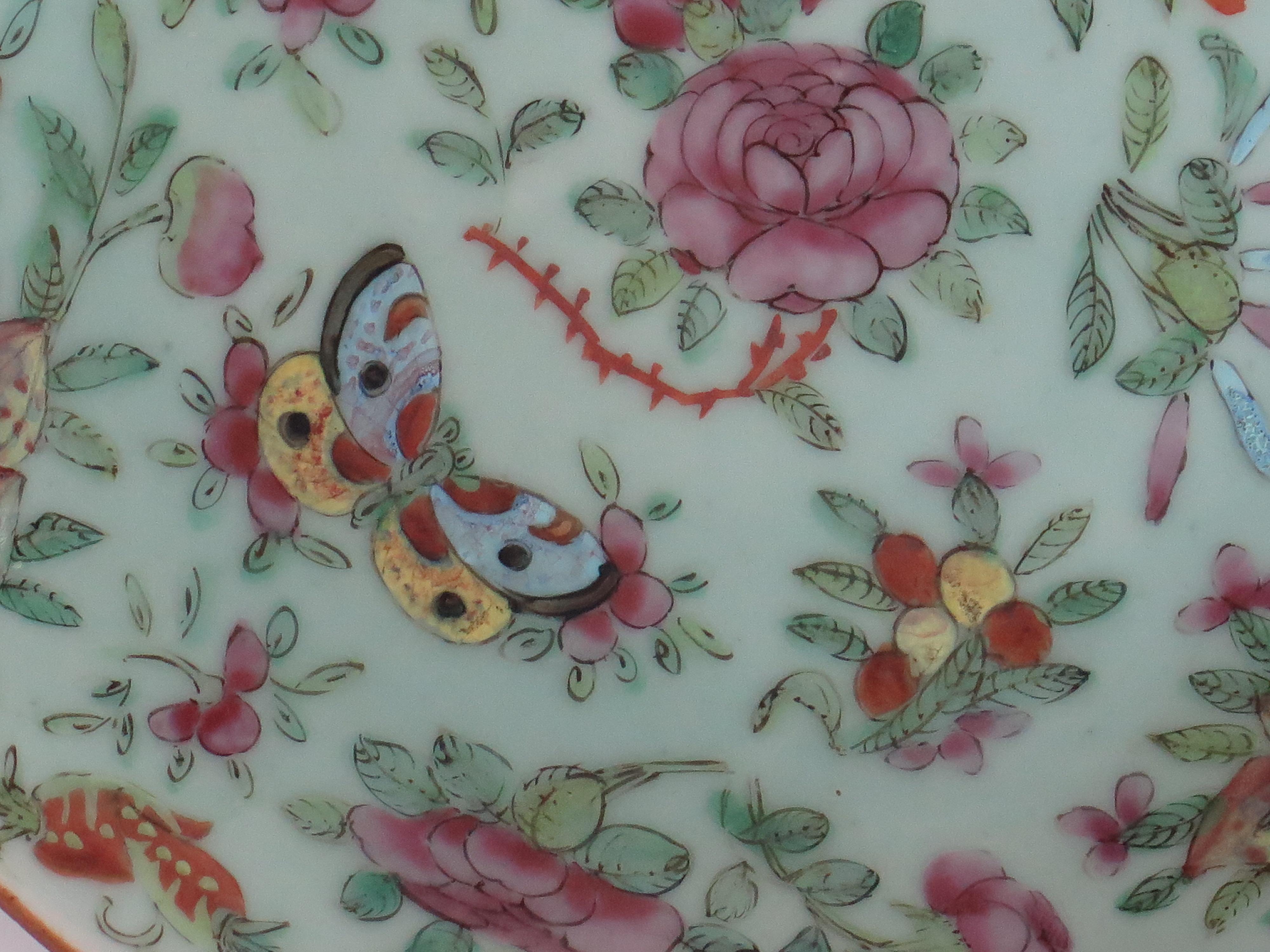 Plato o fuente grande de porcelana china Celadon Famille Rose pintado a mano, ca 1820 en venta 3