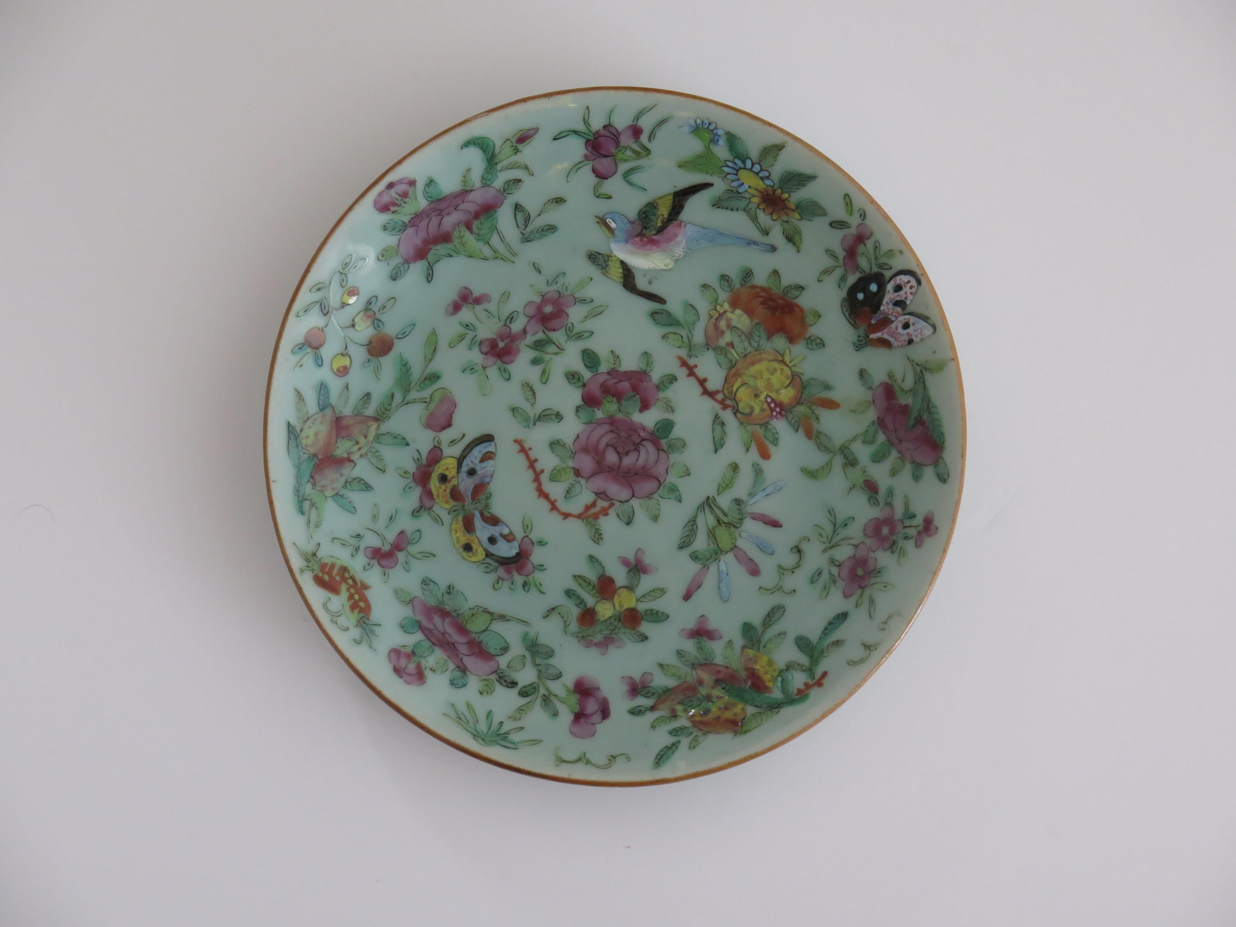 Se trata de un plato o fuente grande de porcelana china de exportación (Cantón), muy bueno, pintado a mano con esmalte de celadón verde claro, que fechamos a principios del siglo XIX, hacia 1820, de la dinastía Qing.

Una característica de este