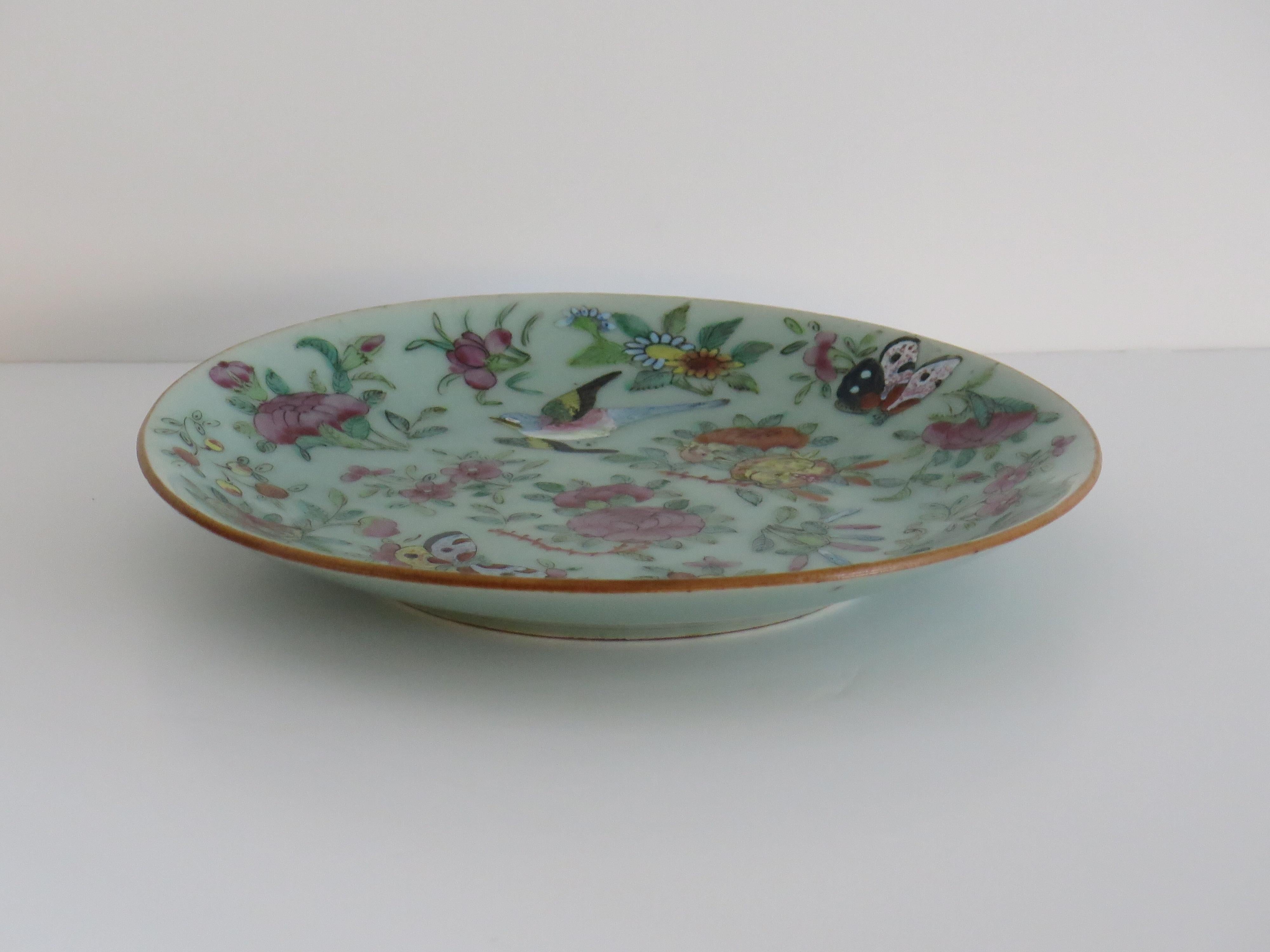 Plato o fuente grande de porcelana china Celadon Famille Rose pintado a mano, ca 1820 Exportación china en venta