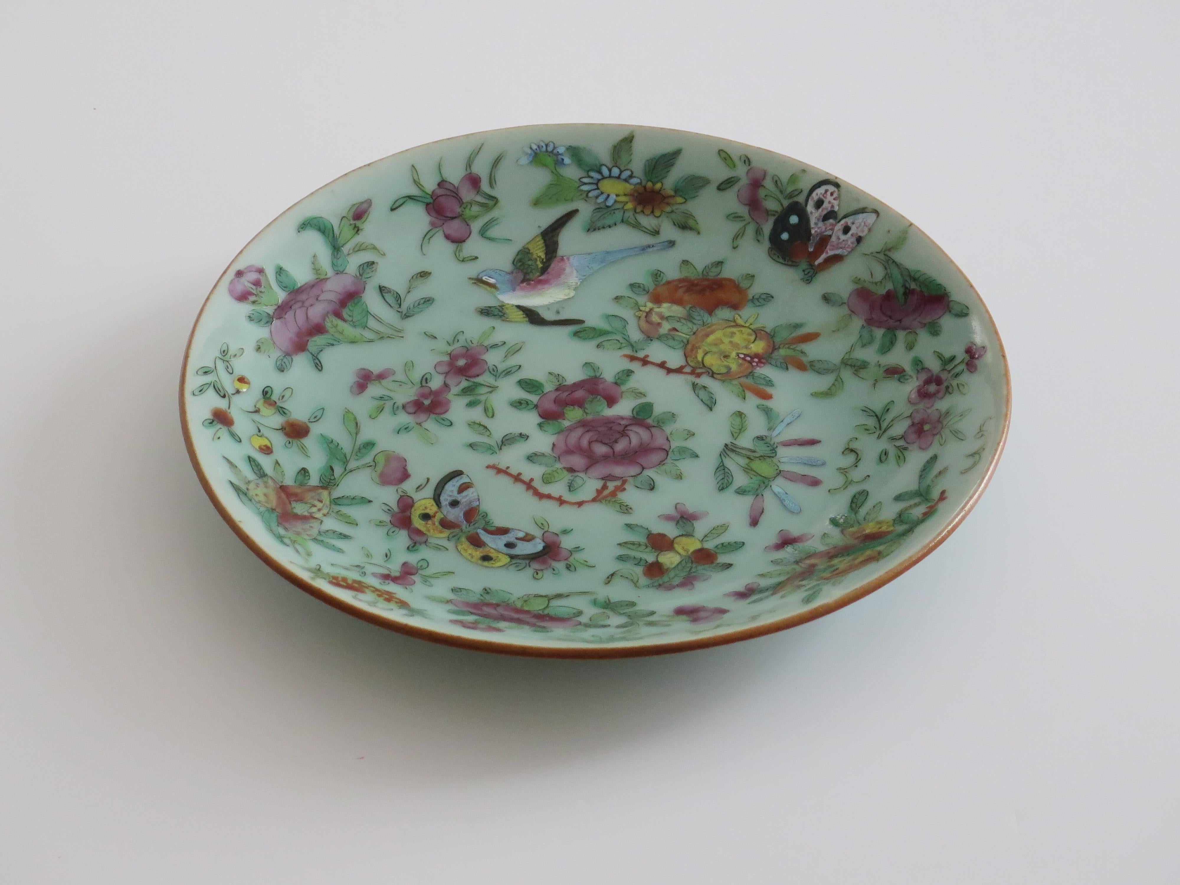 Plato o fuente grande de porcelana china Celadon Famille Rose pintado a mano, ca 1820 Chino en venta