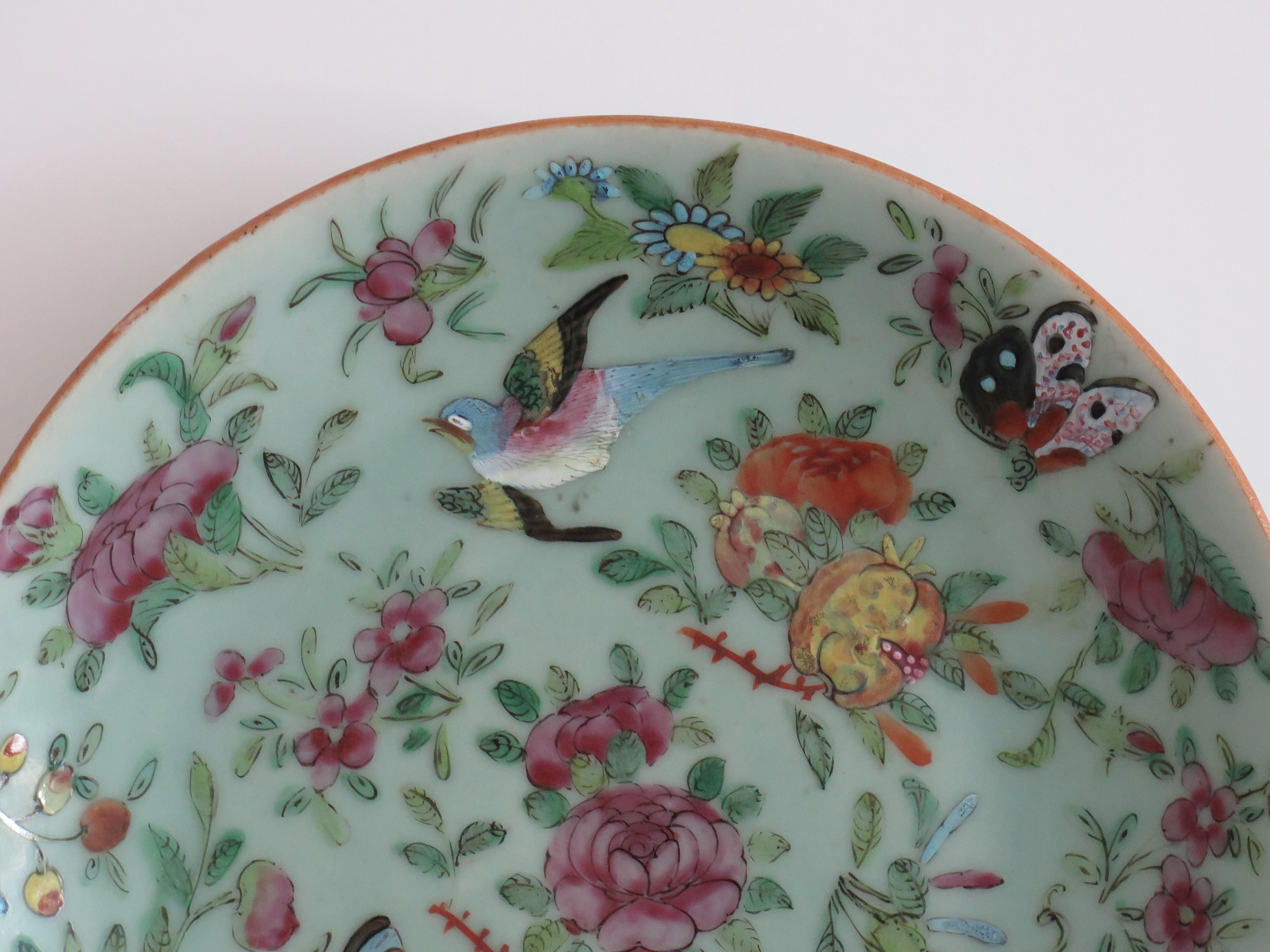 Plato o fuente grande de porcelana china Celadon Famille Rose pintado a mano, ca 1820 en Bueno estado para la venta en Lincoln, Lincolnshire