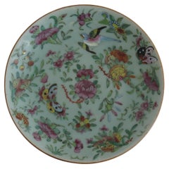 Antique Chinese Porcelain large Plate or Dish Celadon Famille Rose hand painted, Ca 1820