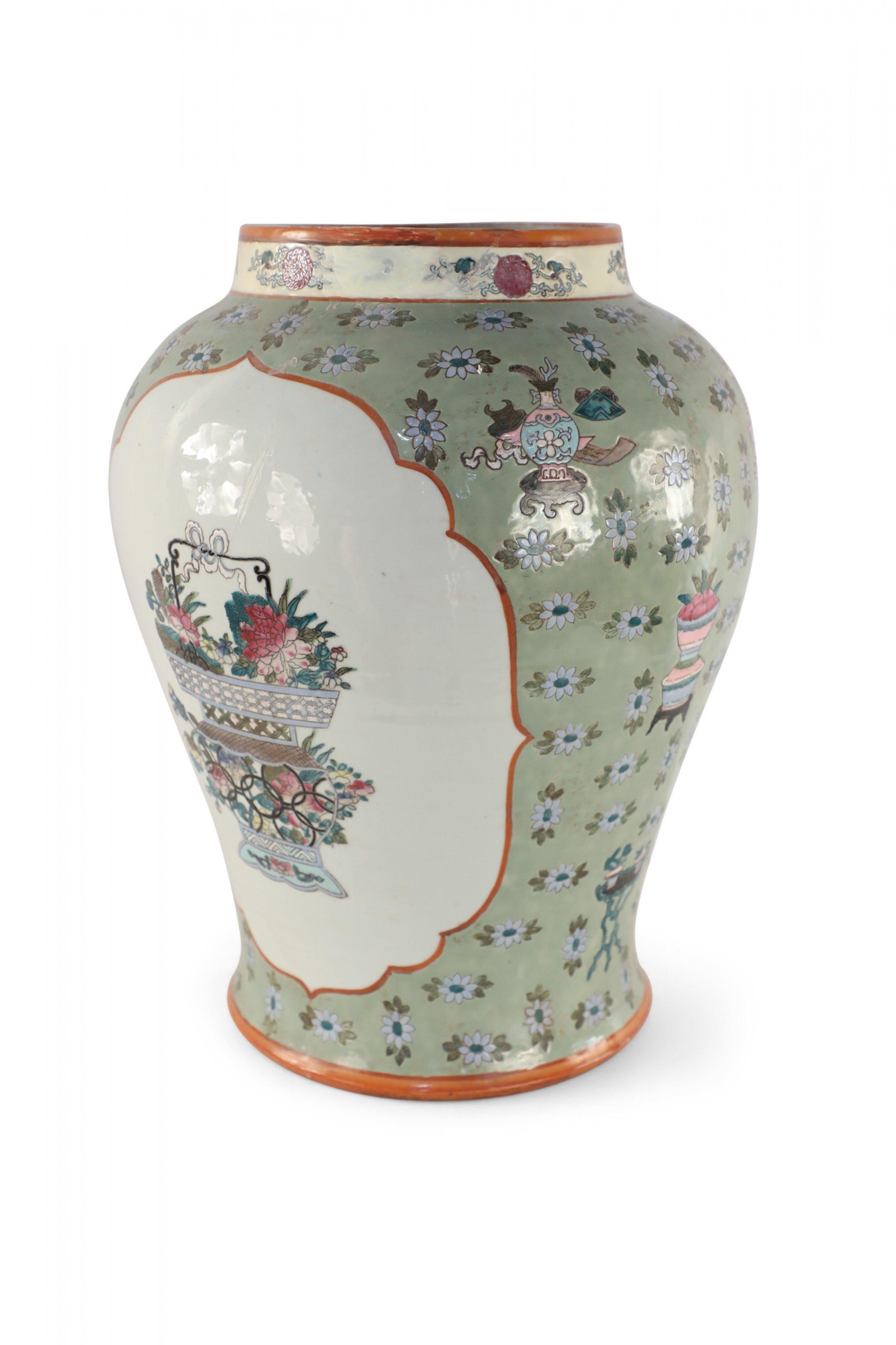 Chinese Porcelain Light Green and White Cartouche Urn For Sale 4