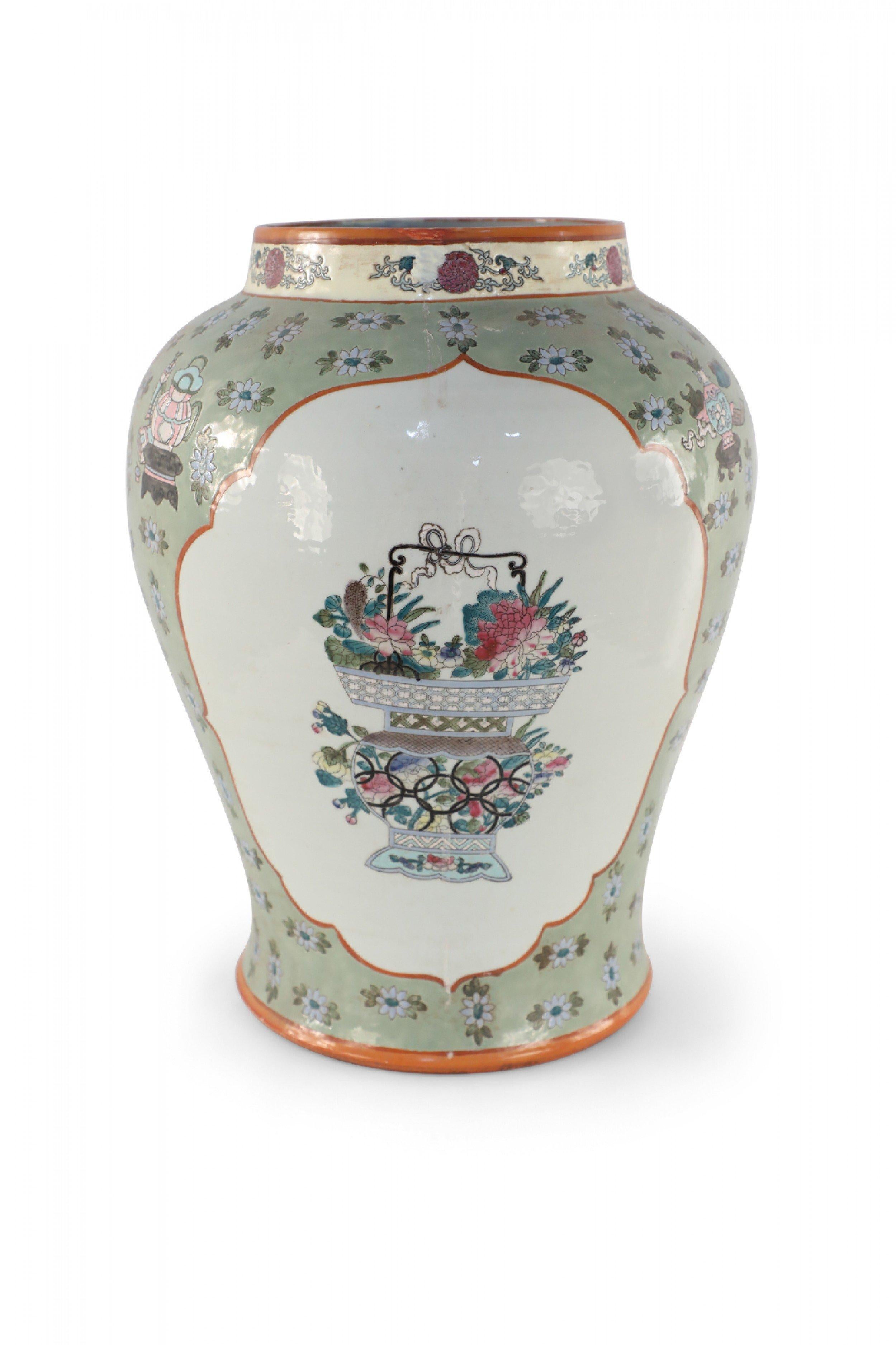 Chinese Export Chinese Porcelain Light Green and White Cartouche Urn For Sale