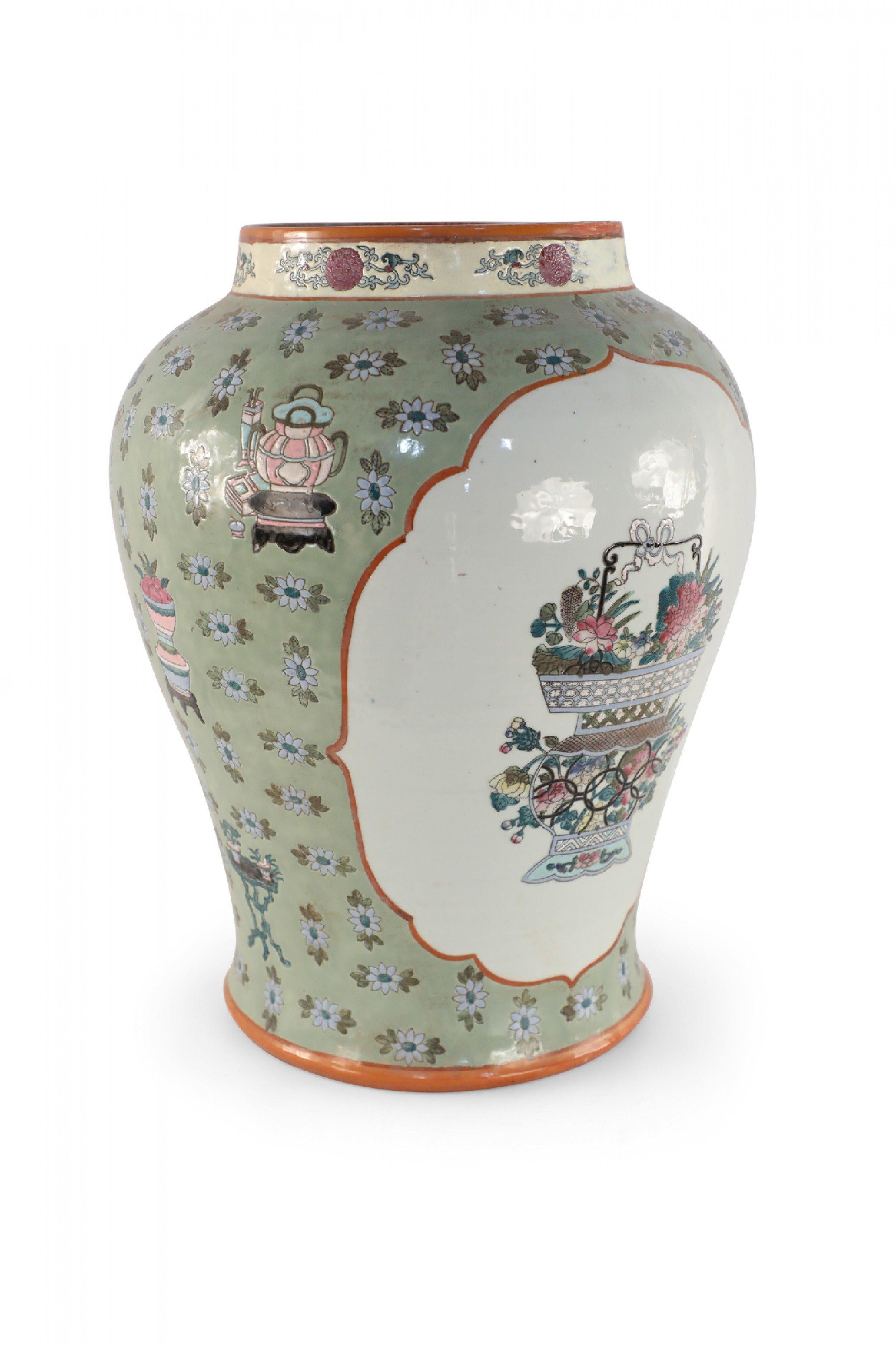 Chinese Porcelain Light Green and White Cartouche Urn For Sale 2