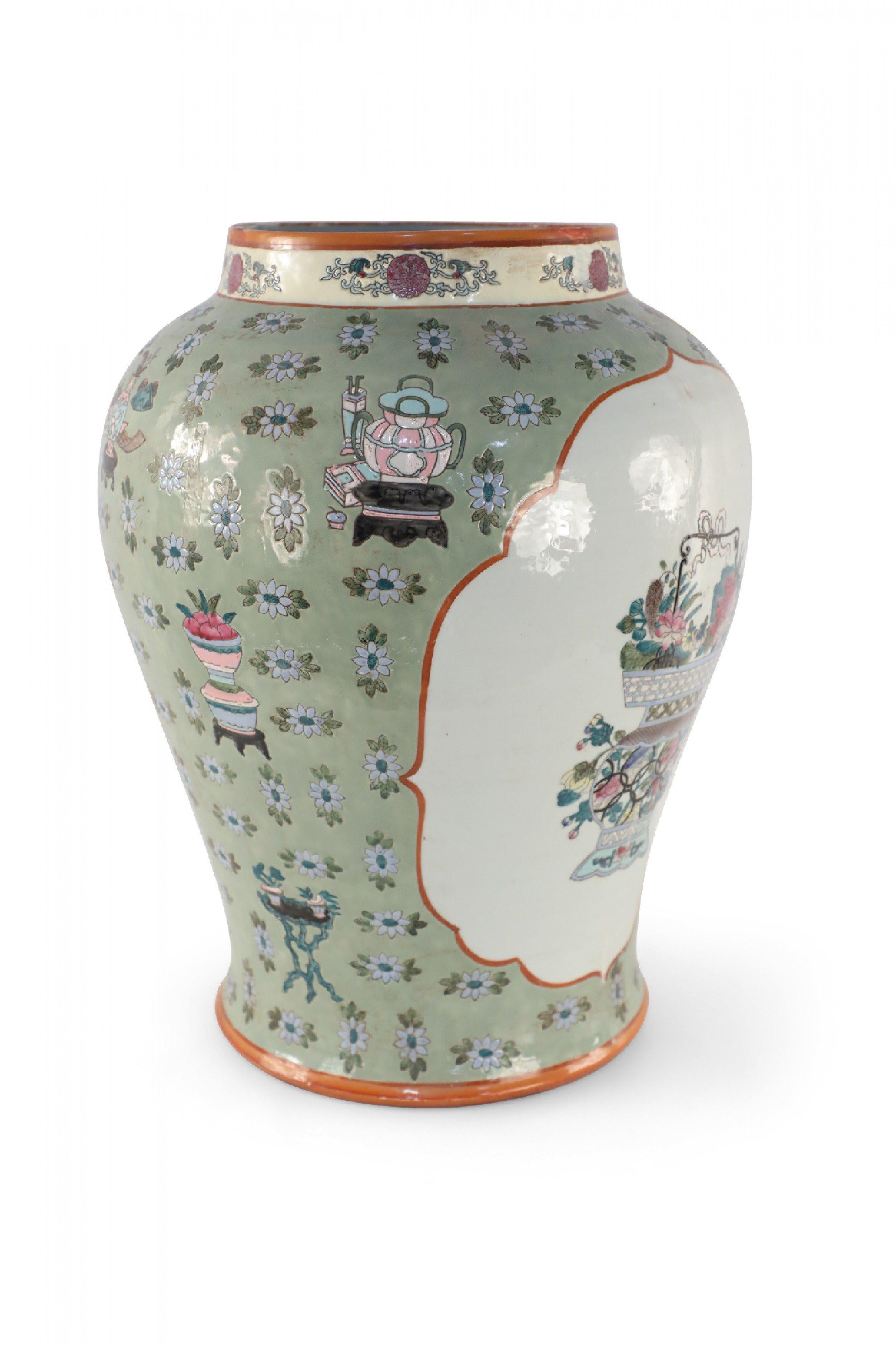 Chinese Porcelain Light Green and White Cartouche Urn For Sale 3