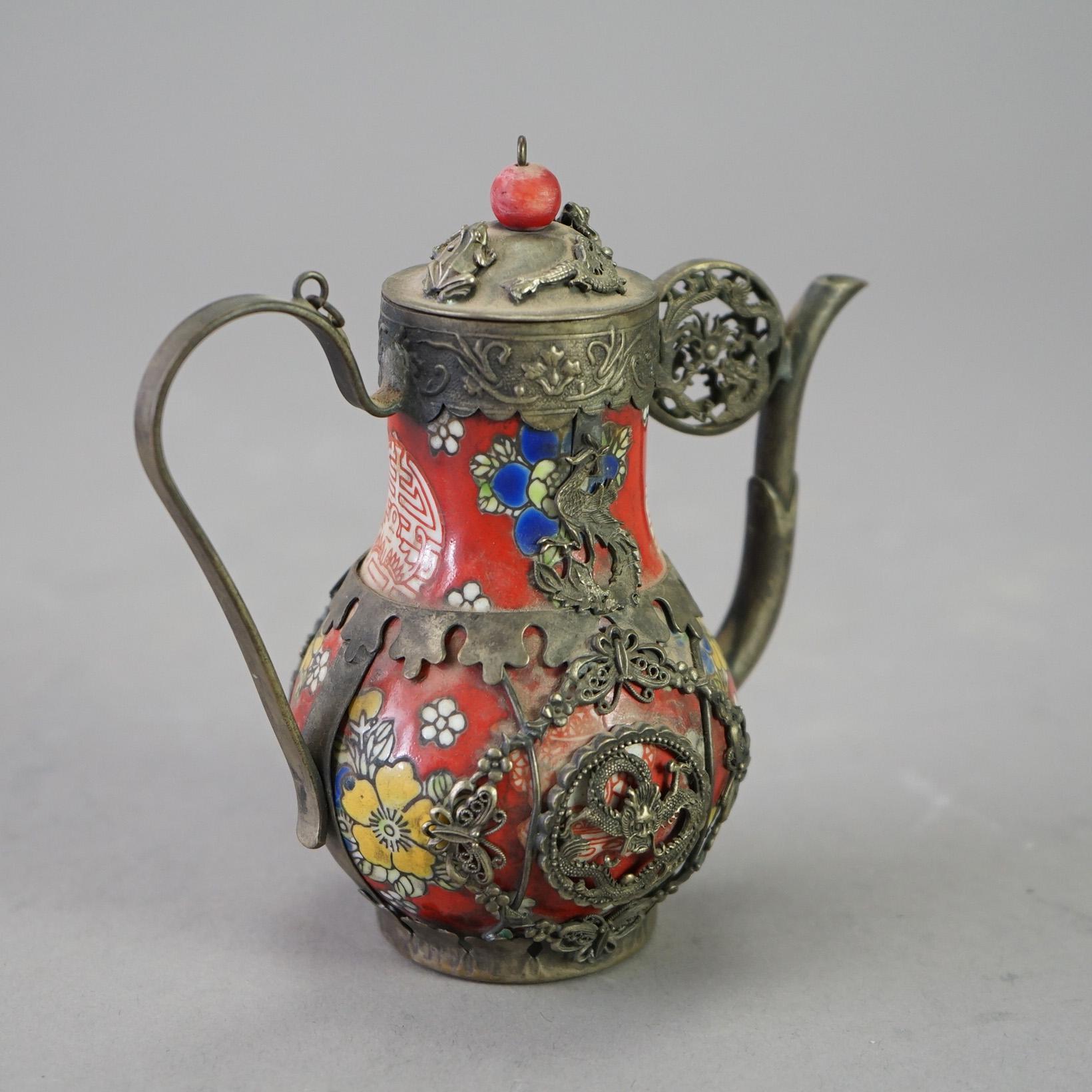 Asian Chinese Porcelain Miniature Teapot with Silver Overlay 20thC For Sale