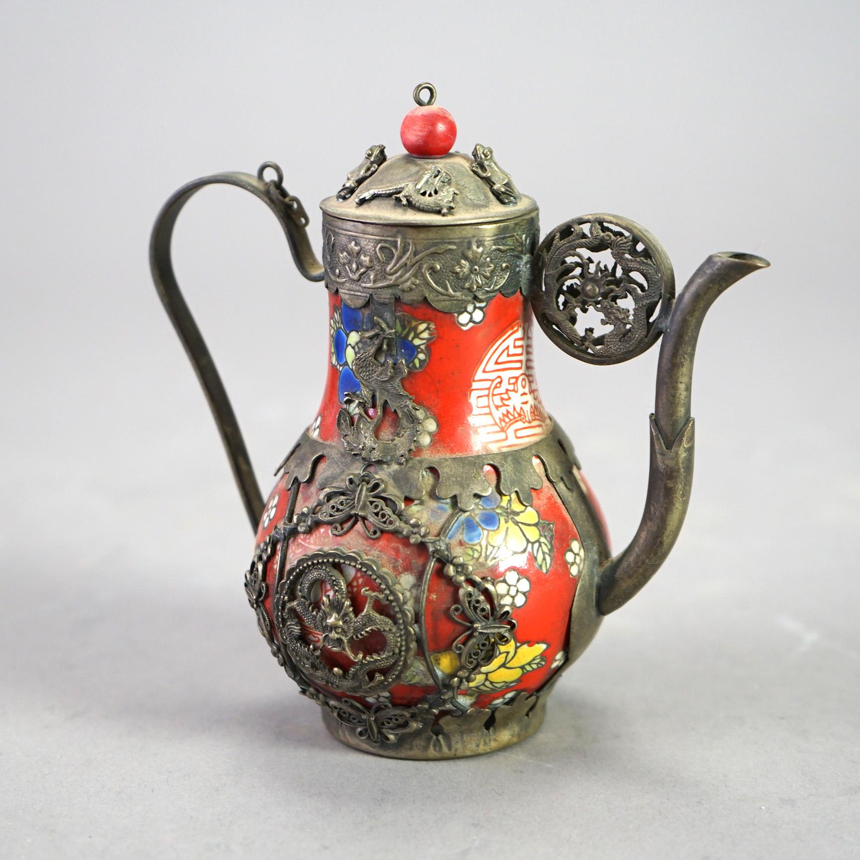 Chinese Porcelain Miniature Teapot with Silver Overlay 20thC In Good Condition For Sale In Big Flats, NY