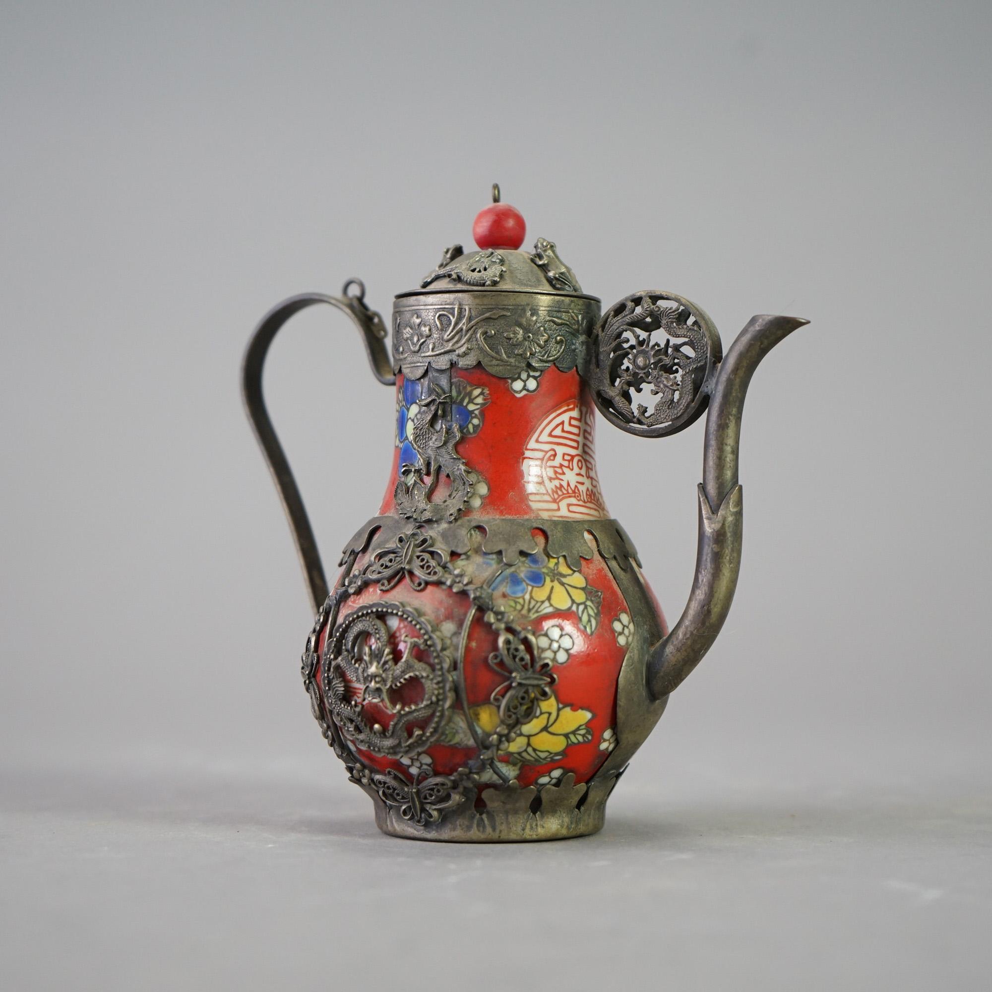 20th Century Chinese Porcelain Miniature Teapot with Silver Overlay 20thC For Sale
