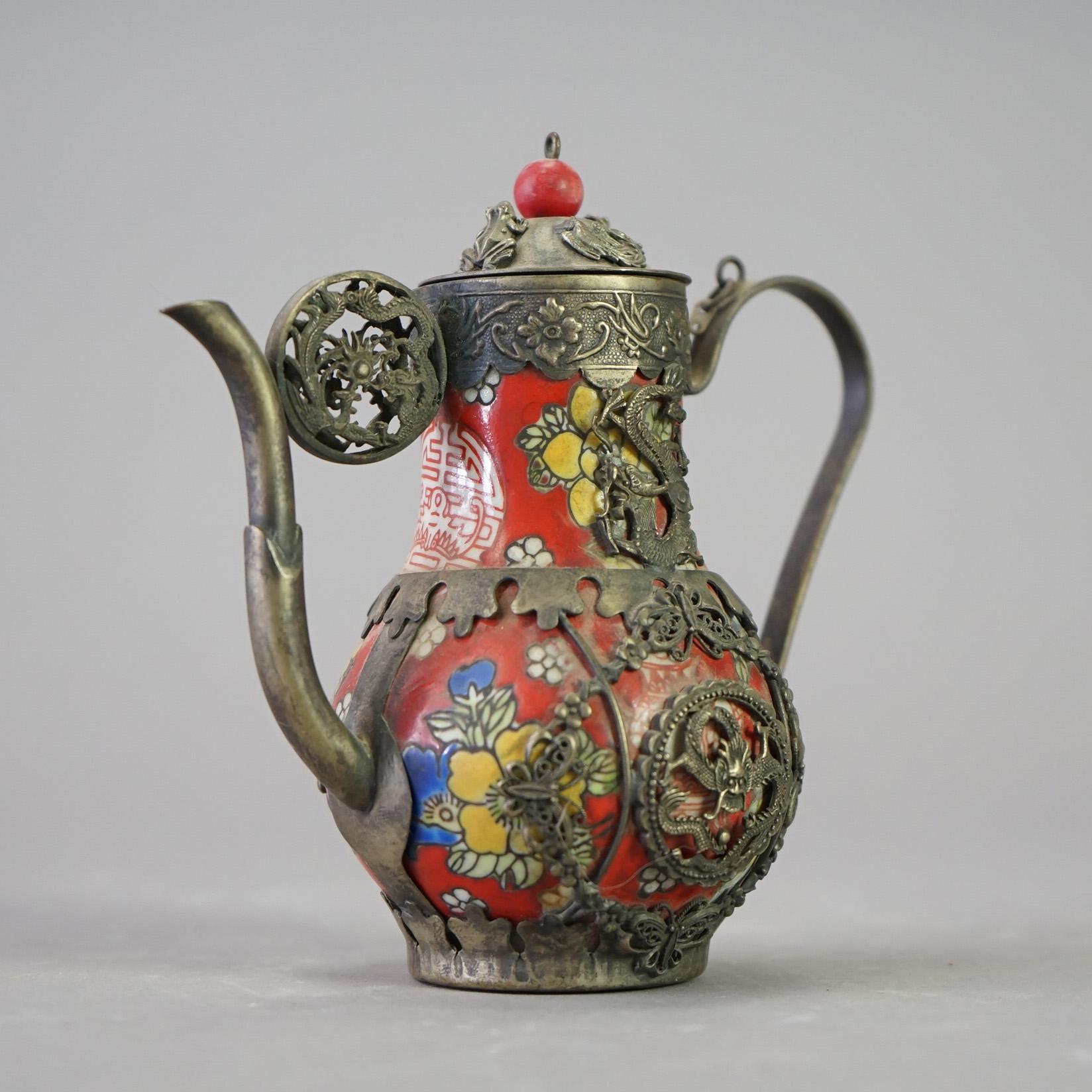 Chinese Porcelain Miniature Teapot with Silver Overlay 20thC For Sale 1