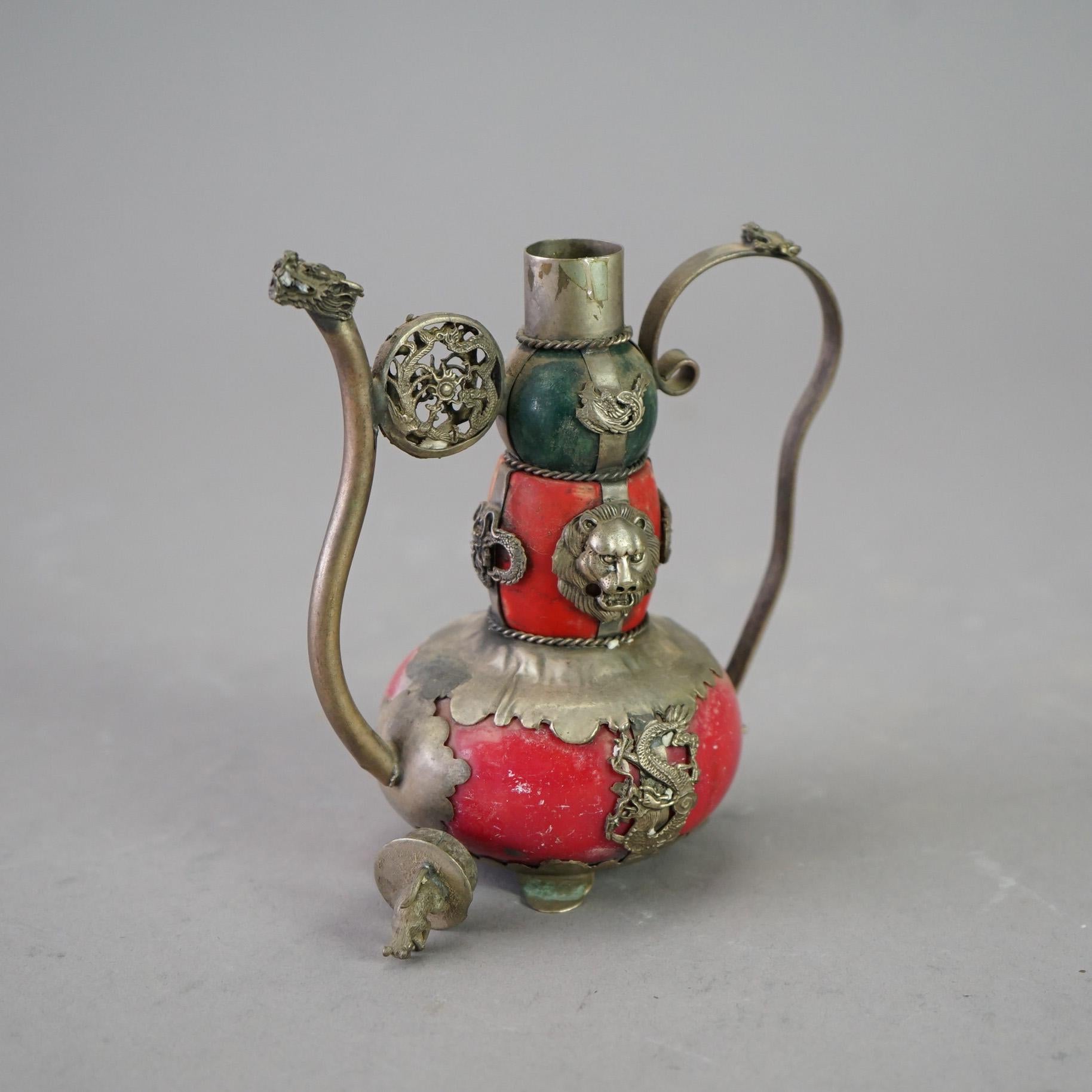20th Century Chinese Porcelain Miniature Teapot with Silver Overlay 20thC For Sale