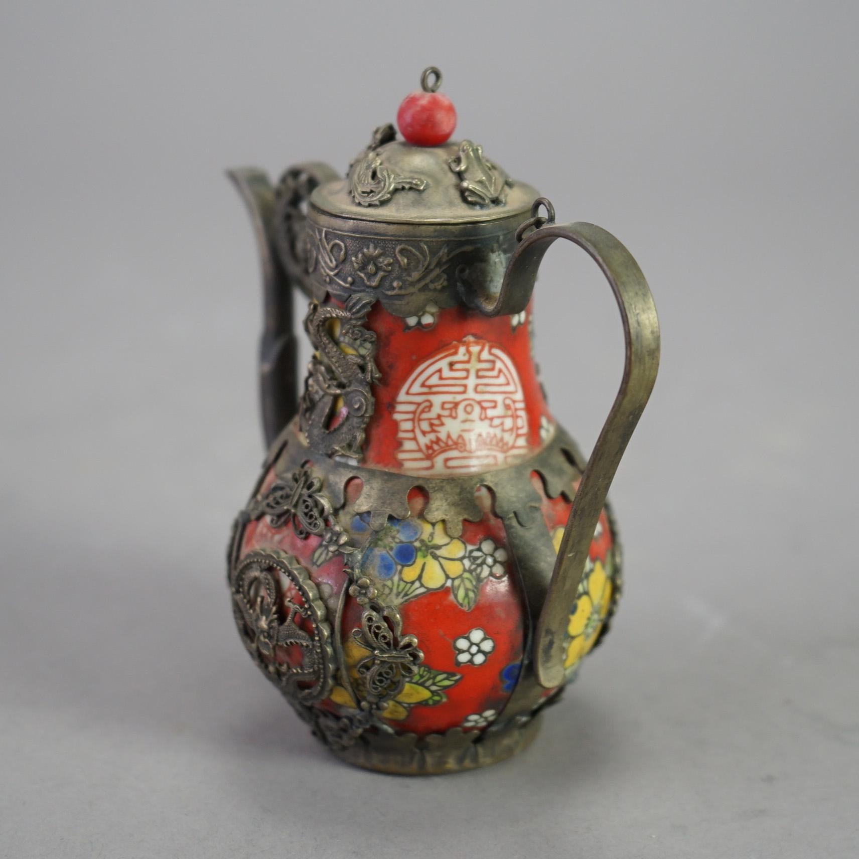 Chinese Porcelain Miniature Teapot with Silver Overlay 20thC For Sale 2