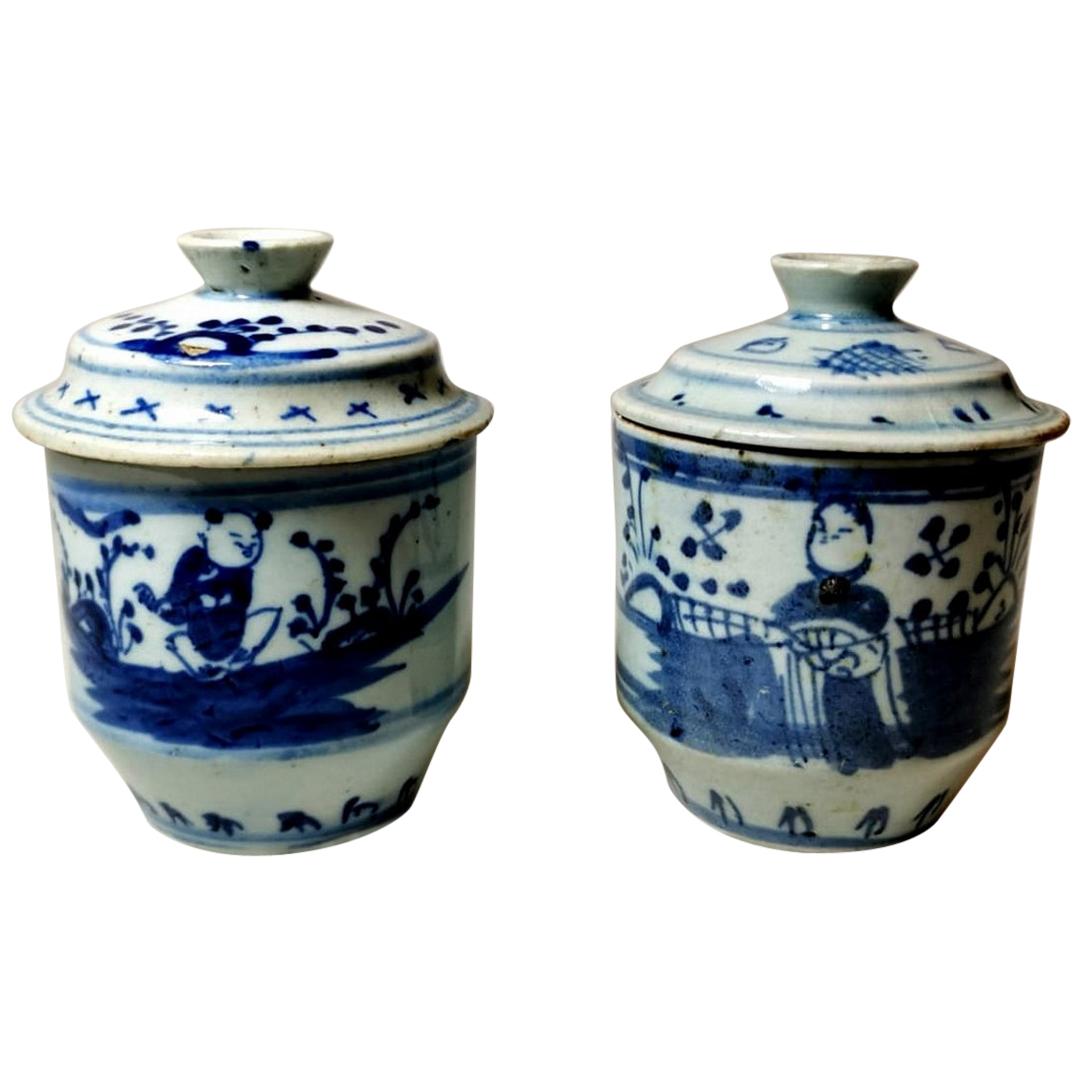 Chinese Porcelain Pair of Ginger Jars Decorations in Cobalt Blue