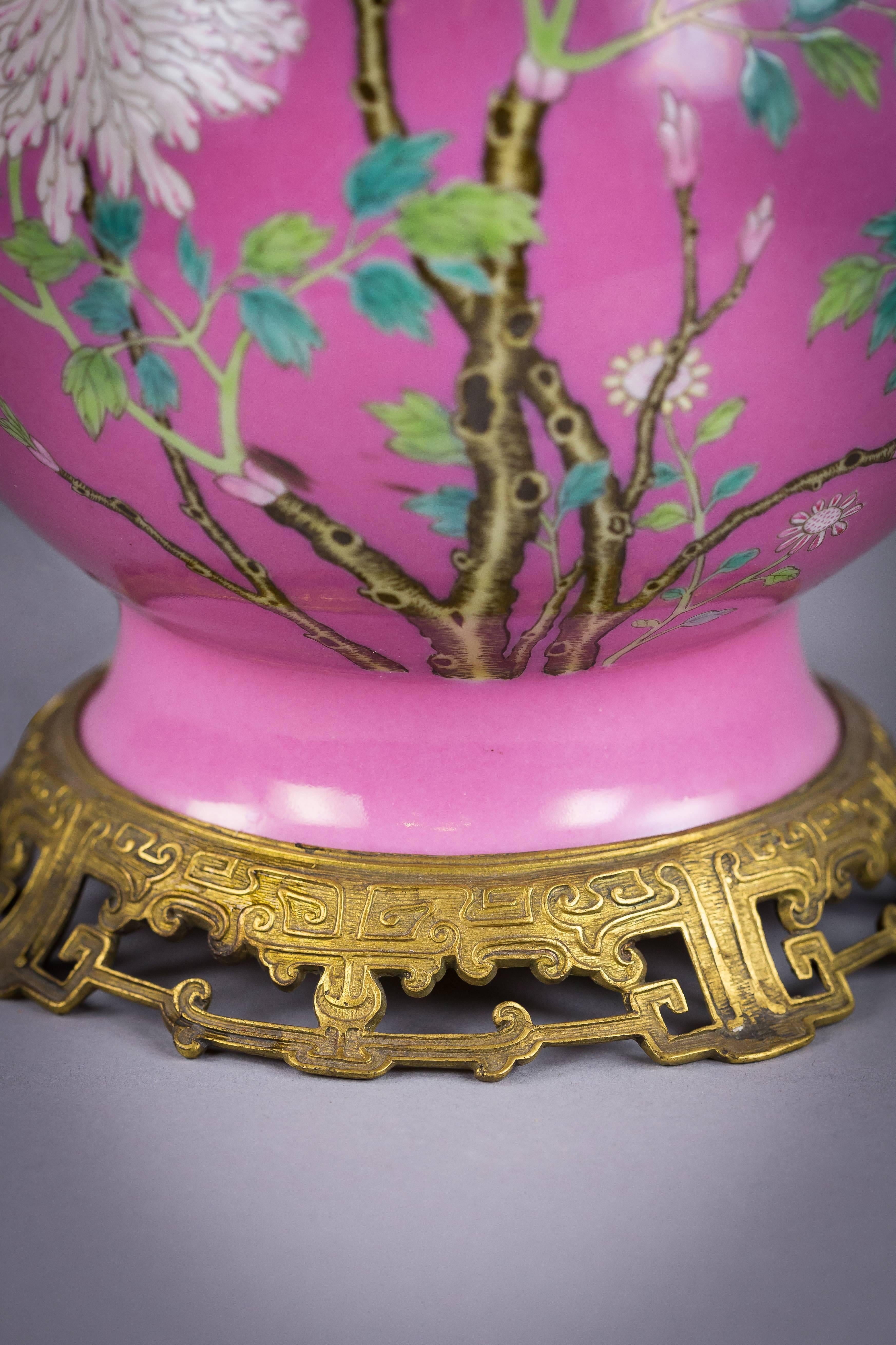Chinese porcelain pink ground famille rose vase mounted as lamp, circa 1860.