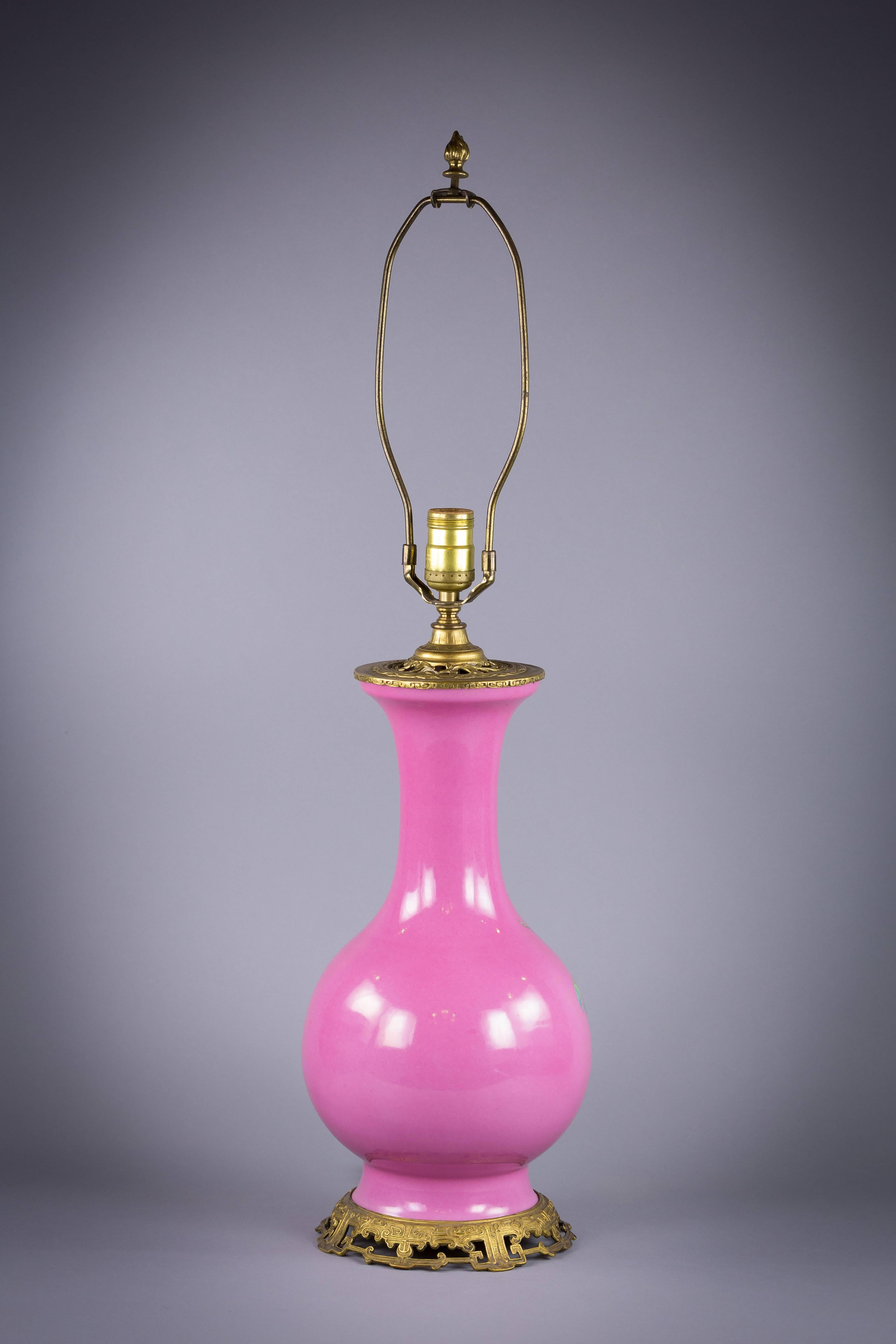 Chinese Porcelain Pink Ground Famille Rose Vase Mounted as Lamp, circa 1860 In Excellent Condition In New York, NY