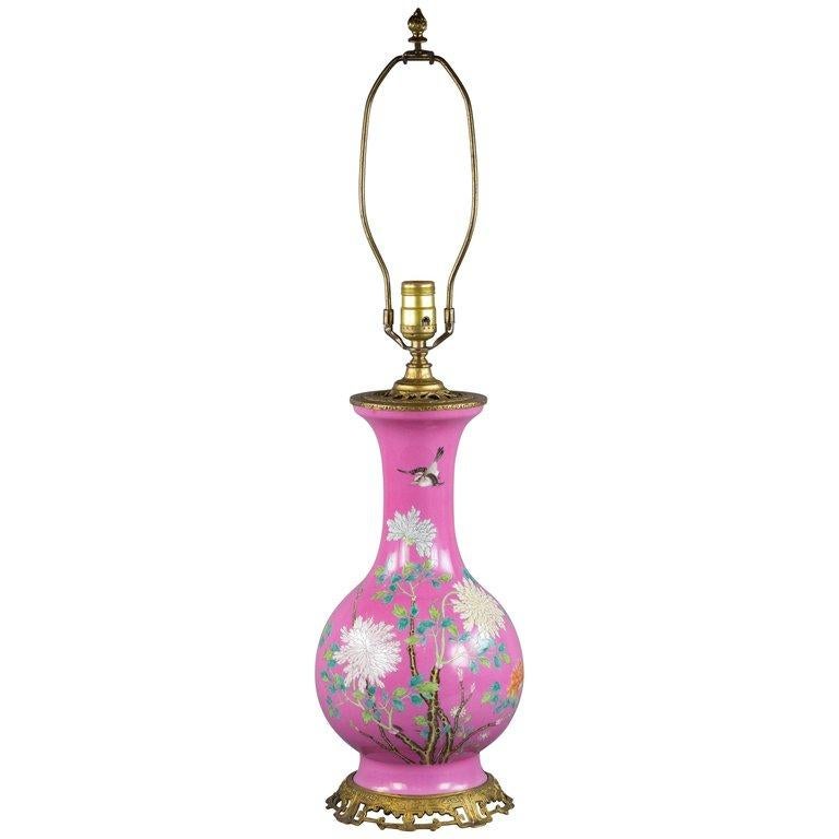 Mid-19th Century Chinese Porcelain Pink Ground Famille Rose Vase Mounted as Lamp, circa 1860
