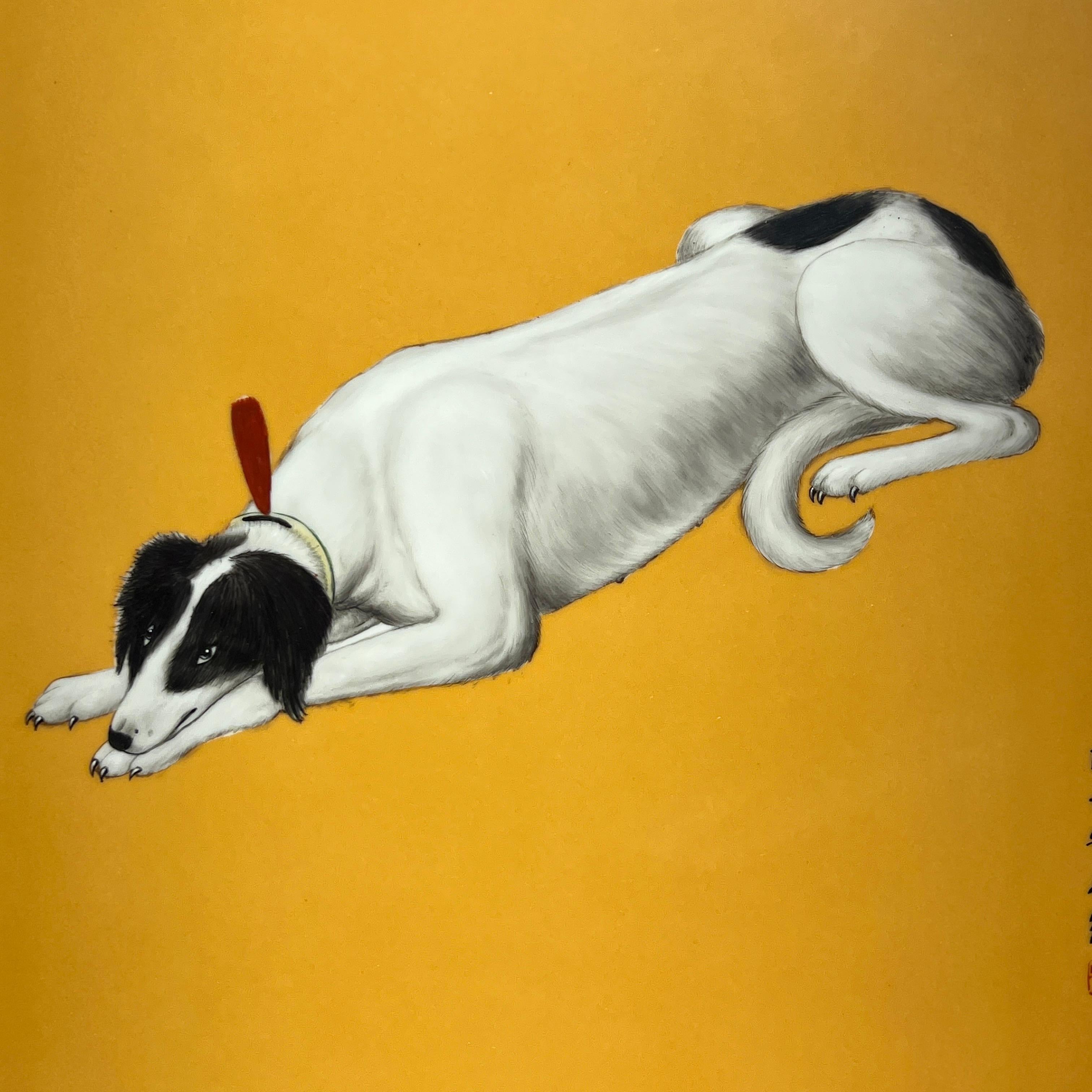 Vintage framed porcelain plaque depicting a lying hound on yellow ground, exquisitely painted and inspired by the original painting by Giuseppe Castiglione (1688-1766), the Italian missionary and artist.  Signed with the artist's seal and signatures