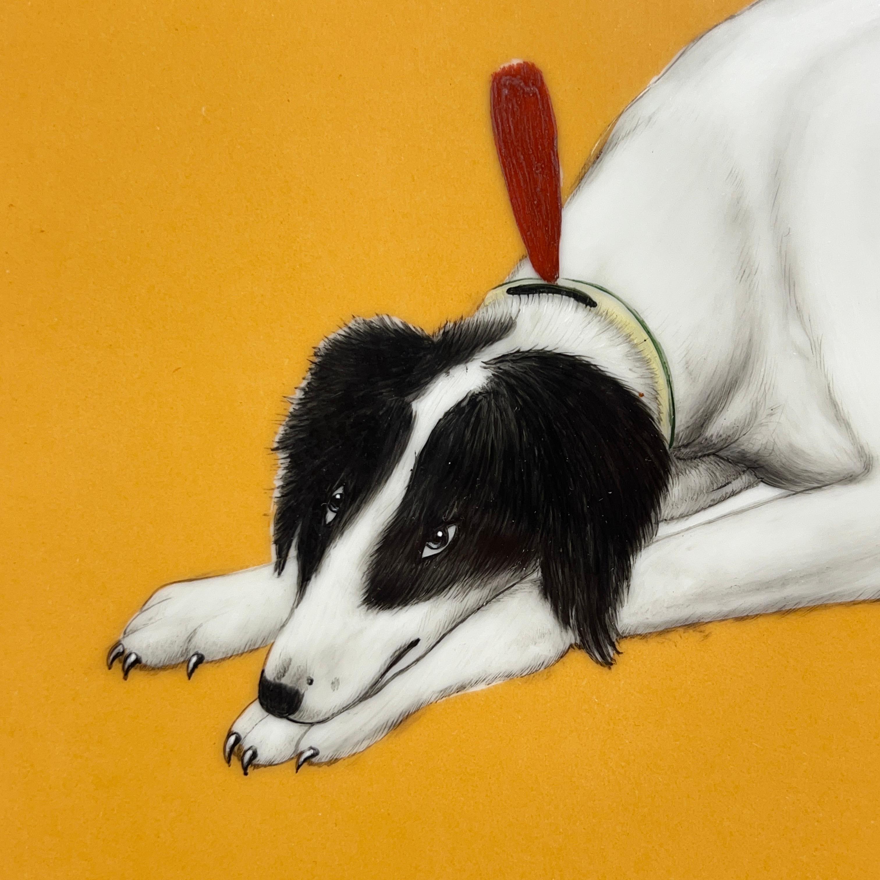 Qing Chinese Porcelain Plaque Depicting Lying Dog After Giuseppe Castiglione For Sale