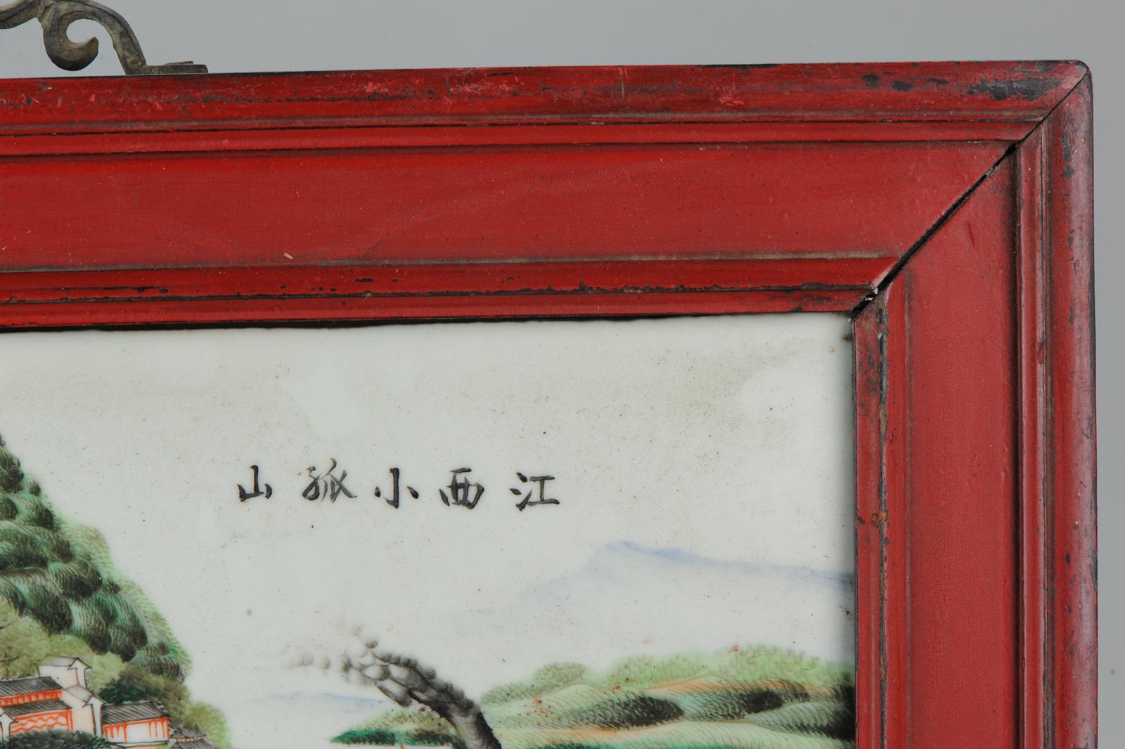 Faboulas Chinese porcelain Plaque with polychrome enamels in the family verte style, depicting a landscape view of Jingdezhen city In Jiangxi, could be Bai Hua Zhou or Xiao Gu Shan,

China, circa 1960.

In wooden frame.


Condition
/