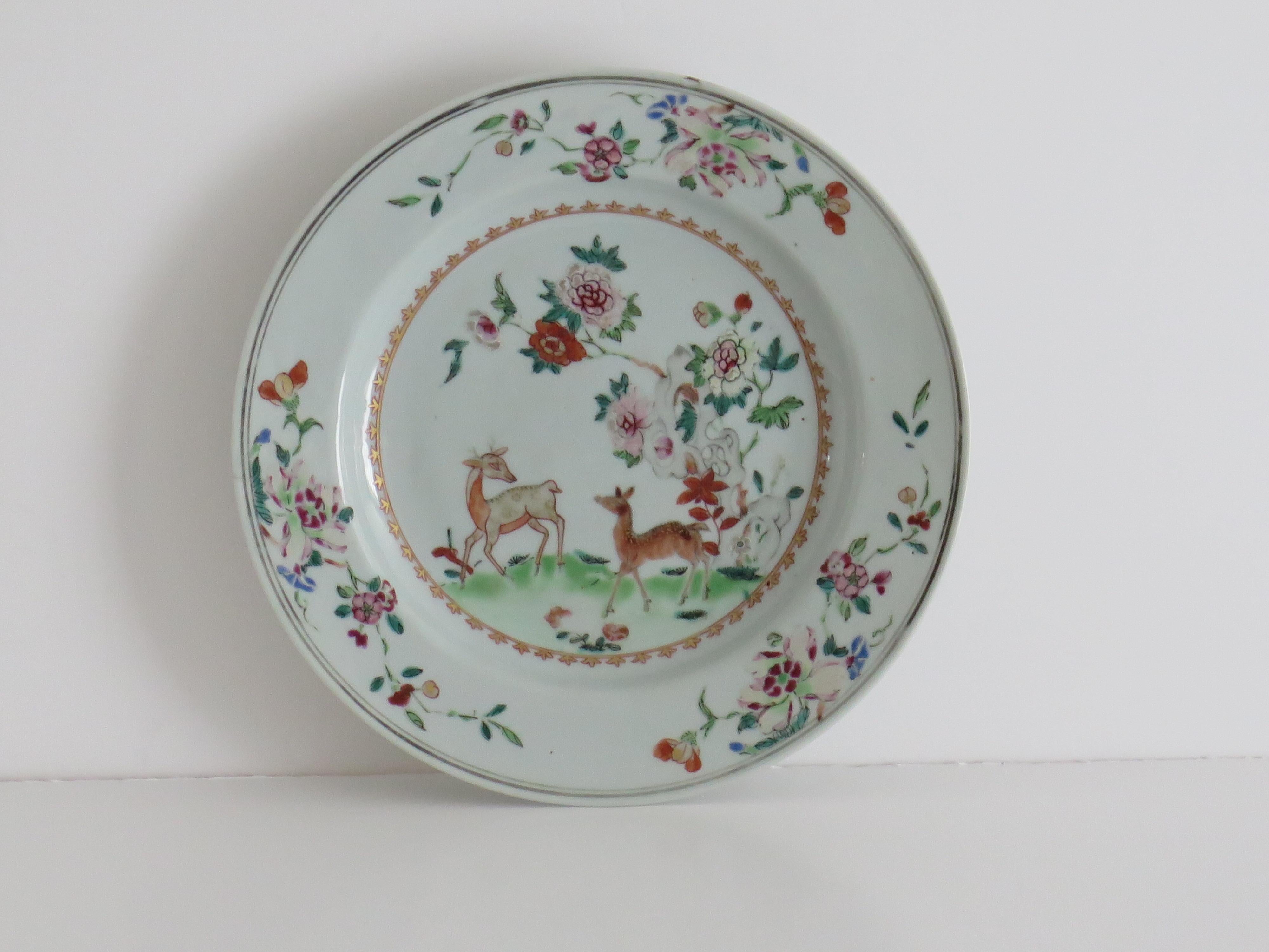 Hand-Painted Chinese Porcelain Plate Famille-Rose Two Deer, Qing Yongzheng Circa 1730 For Sale