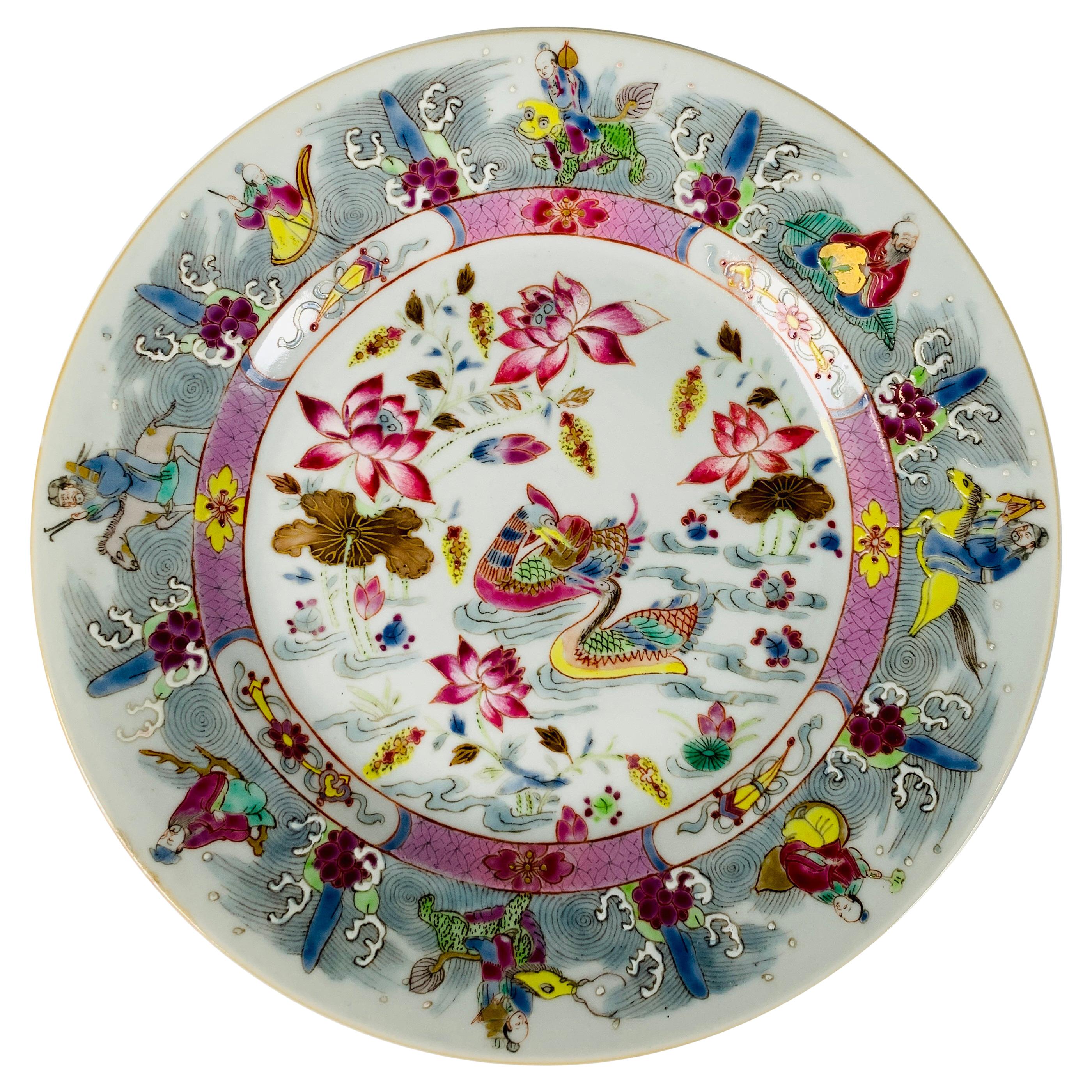 Chinese Porcelain Plate Hand Painted Rose Canton with Immortals Circa 1820