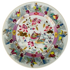 Antique Chinese Porcelain Plate Hand Painted Rose Canton with Immortals Circa 1820