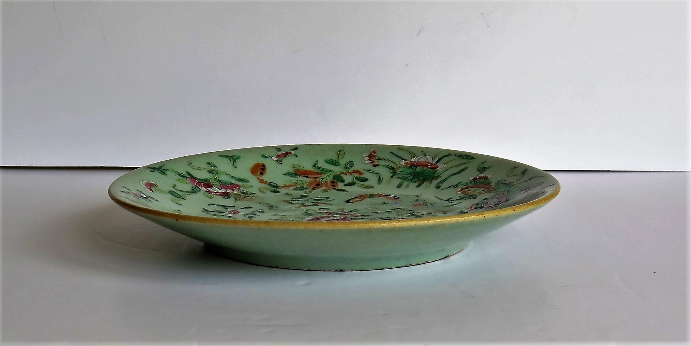 Chinese Porcelain Plate or Dish Celadon Glaze Hand Painted, Qing, circa 1820 8