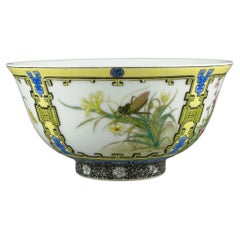 Fine Chinese Porcelain Famille Rose Insects Flowers on 4 Panels Yellow Bowl 20c
