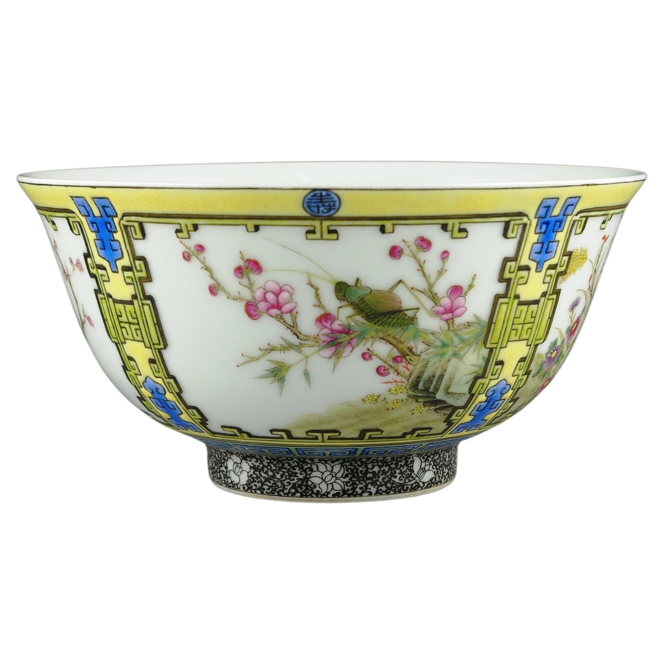 Fine Chinese Porcelain Famille Rose Insects Flowers on 4 Panels Yellow Bowl 20c In Excellent Condition For Sale In Richmond, CA