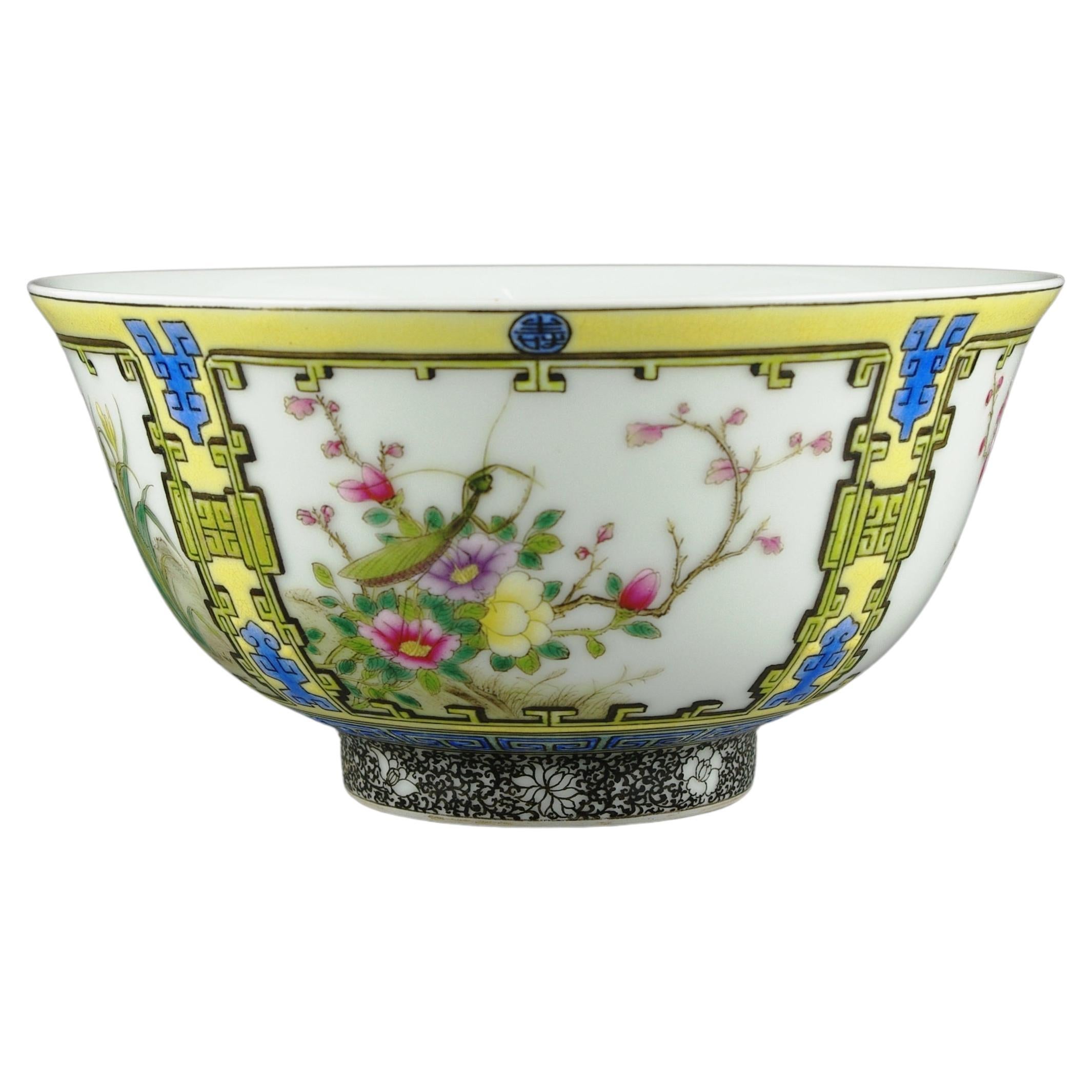 Fine Chinese Porcelain Famille Rose Insects Flowers on 4 Panels Yellow Bowl 20c For Sale
