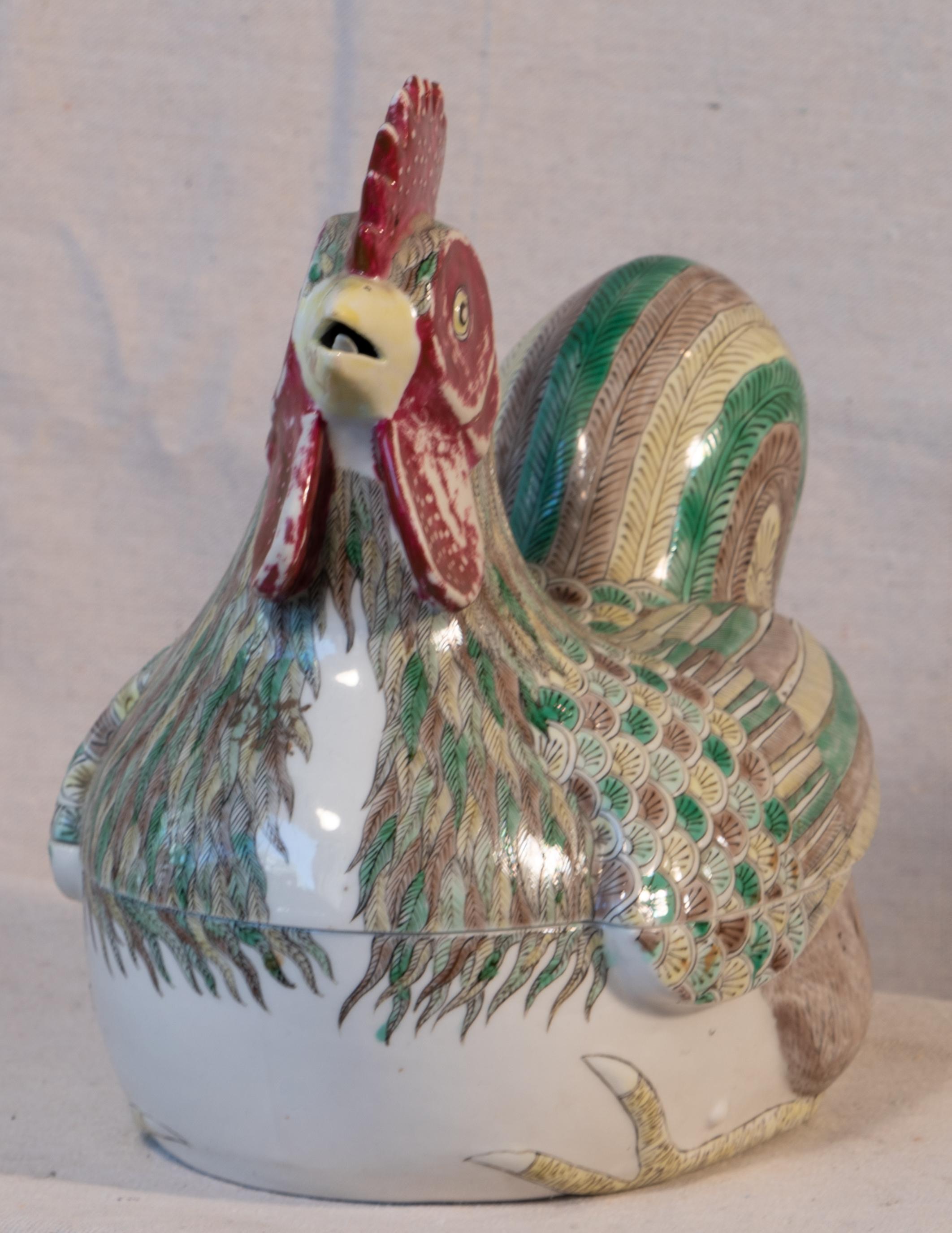 Chinese Export Chinese Porcelain Polychrome Rooster Form Covered Bowl For Sale