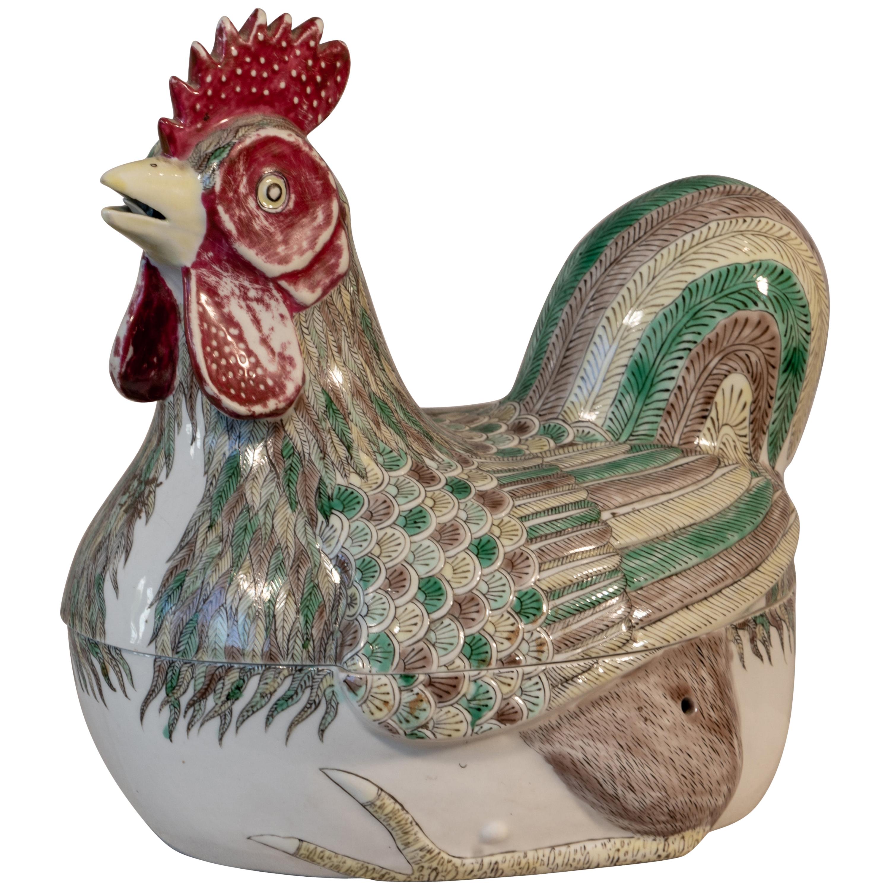 Chinese Porcelain Polychrome Rooster Form Covered Bowl For Sale