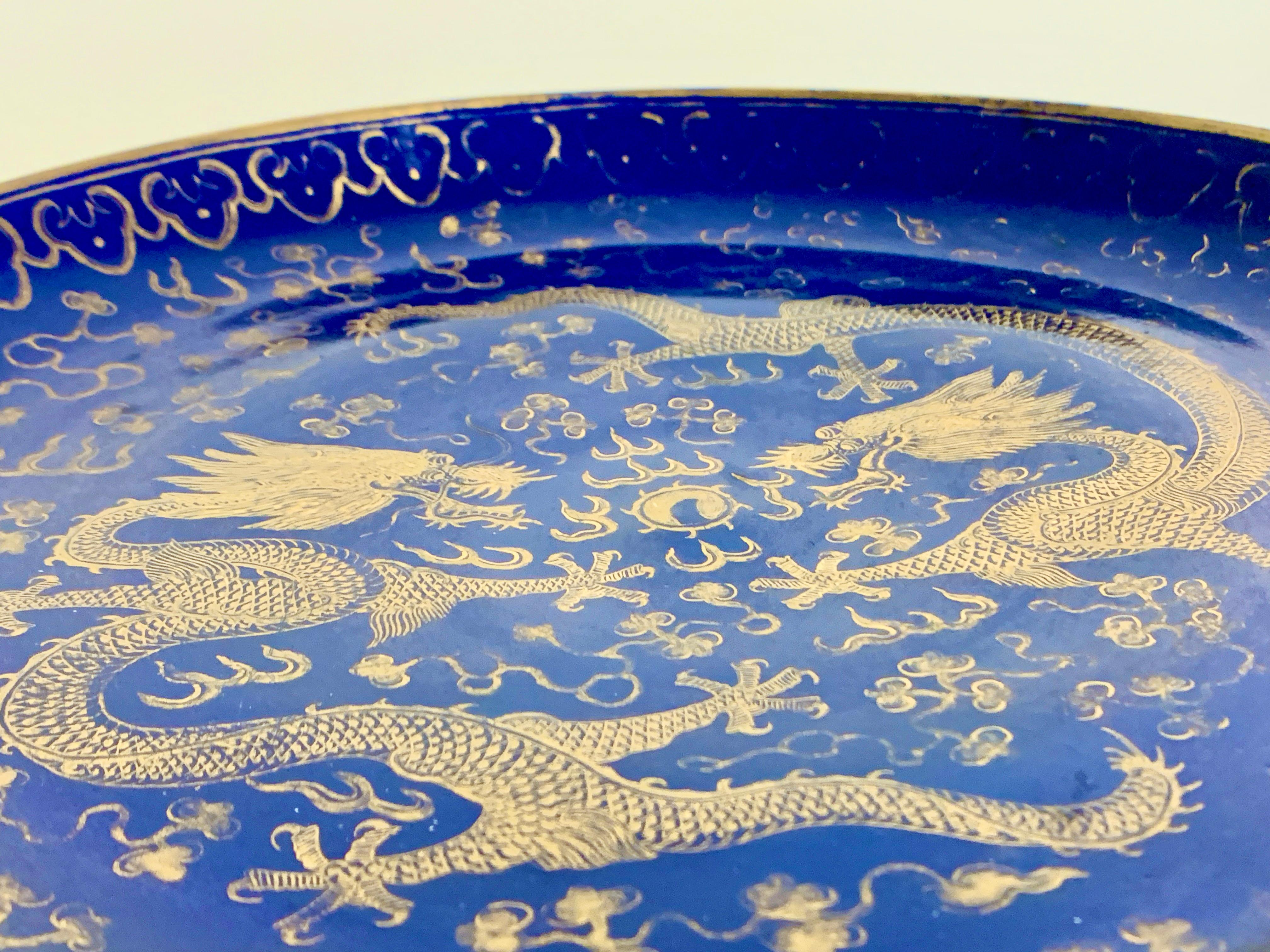 Chinese Porcelain Powder Blue Gilt Dragon Charger, Late Qing Dynasty, China For Sale 3