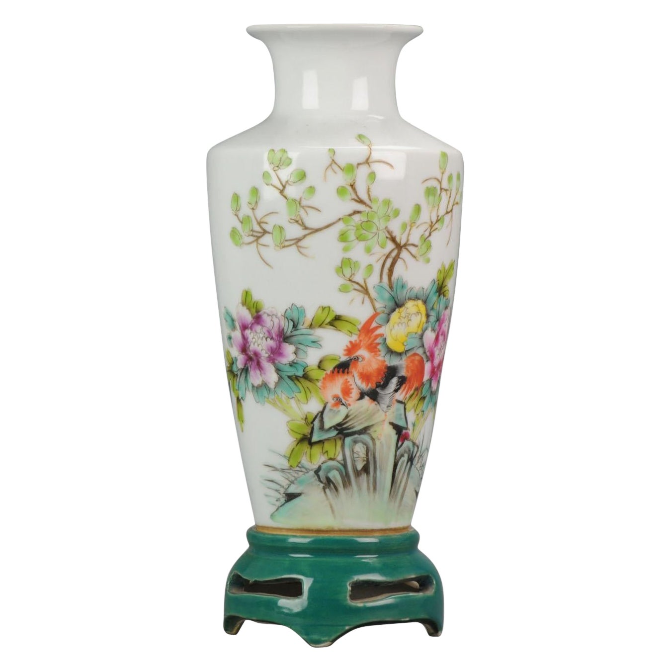 Vase Proc, coq dans un jardin, calligraphie chinoise marquée, 20e siècle