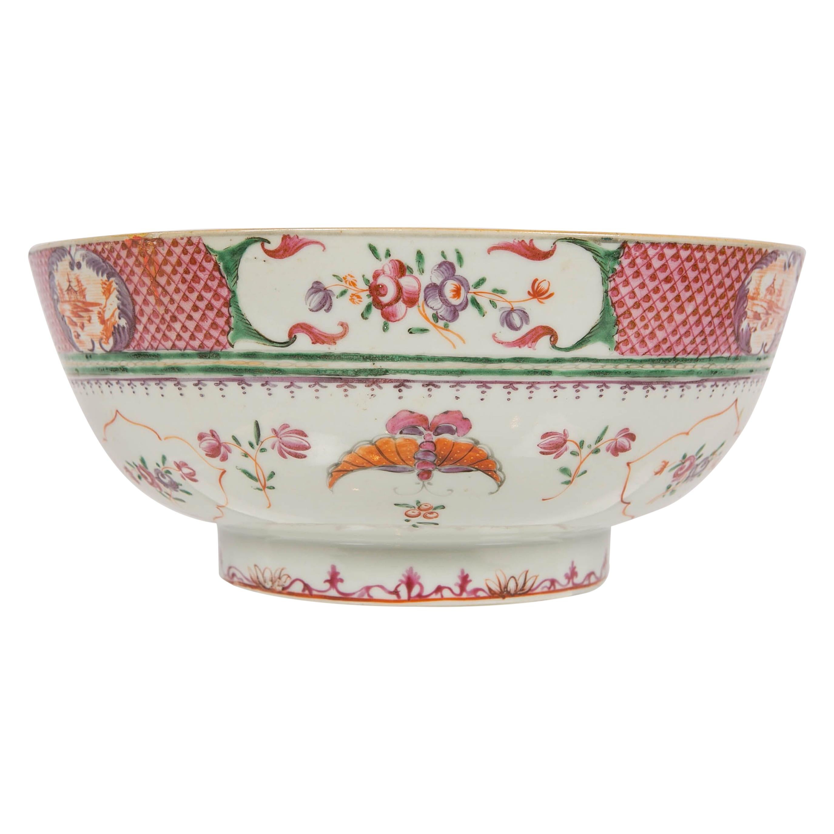 Chinese Porcelain Punch Bowl Hand-Painted in Famille Rose Colors, circa 1820