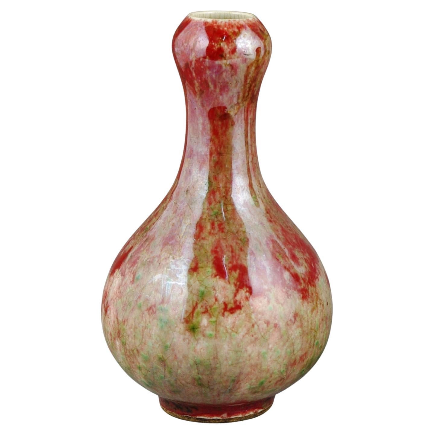 Qing Fine Chinese Porcelain Peach Bloom Flambe Garlic Mouth Bottle Vase ROC 20c For Sale